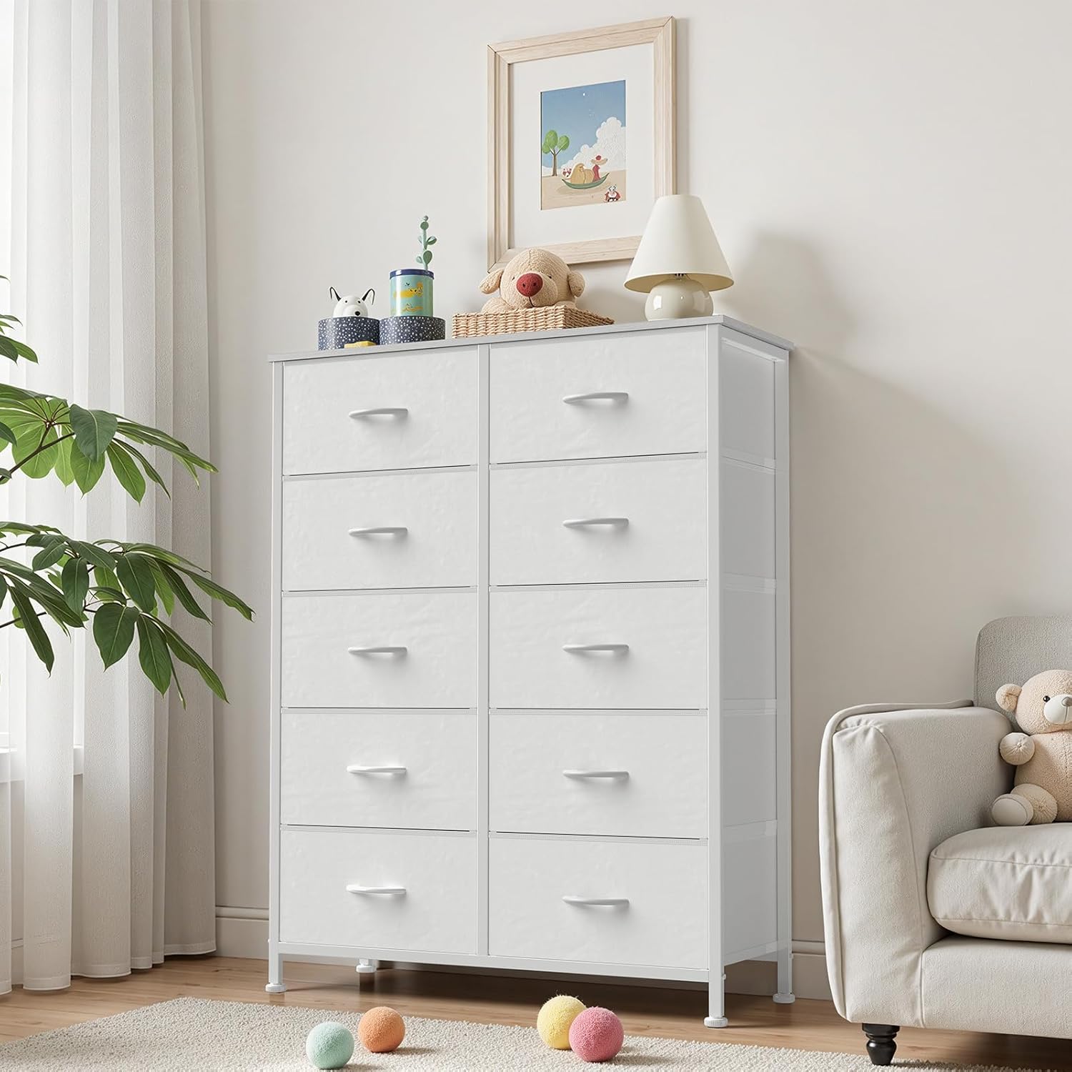 Sweetcrispy 10 Drawer Fabric Dresser Storage Tower with Bins, Tall Chest Organizer for Bedroom Closet Hallway, Steel Frame Wood Top Easy Pull Handles,White