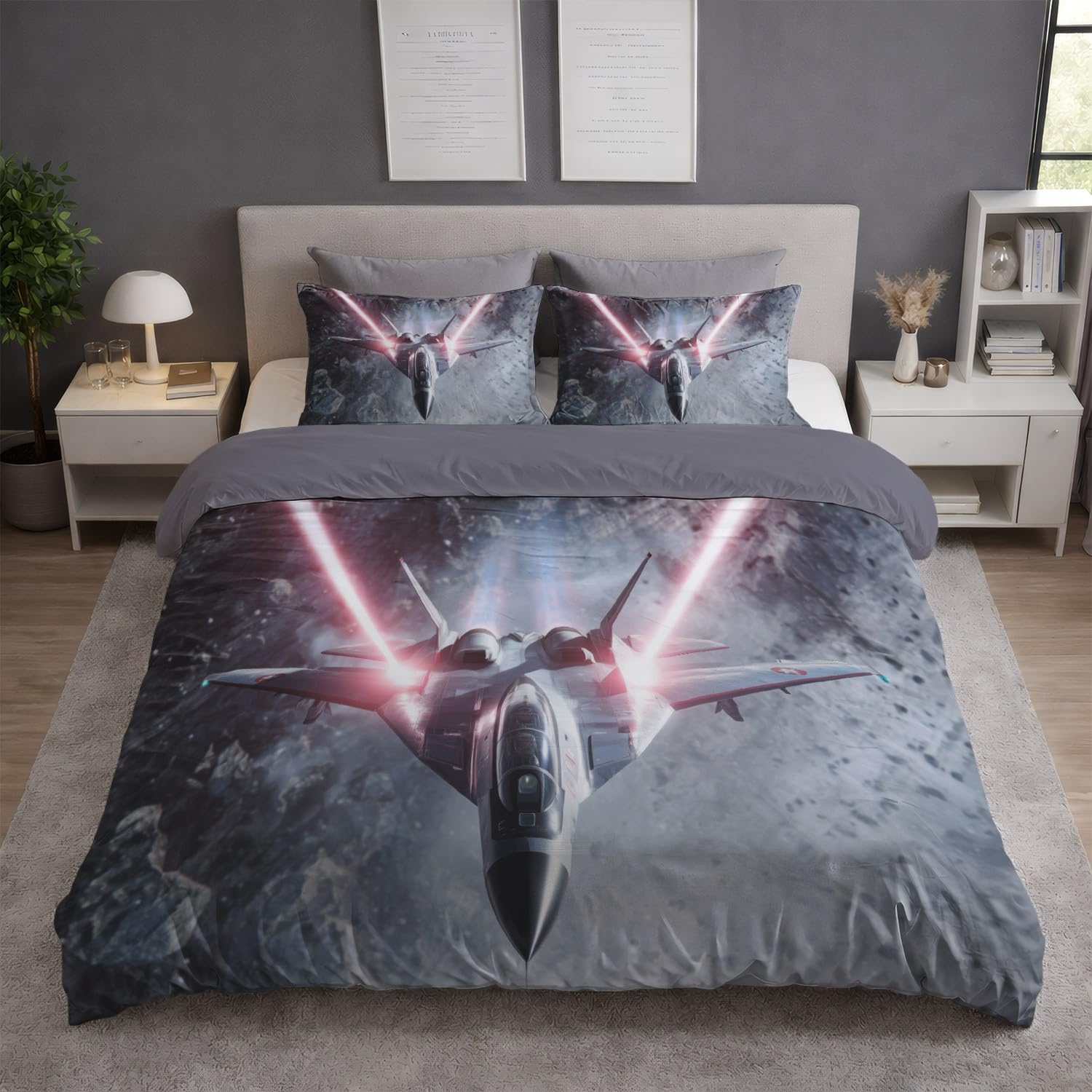 Science-Fiction Futurystyczna Symetryczna poszwa na kołdrę Myśliwy Łóżko 180 x 220 cm z 2 poszewkami na poduszki, szaro-różowy zestaw pościeli dla dorosłych Miękka szczotkowana mikrofibra dla 2 osób