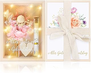 MOTONG Geldgeschenke Geburtstag, Geburtstagsgeschenk für frauen Und Mann Happy Birthday Kreative Geldgeschenk Verpackung Geschenkbox aus Holz mit Rosa Trockenblumen Reagenzglas Lichterketten