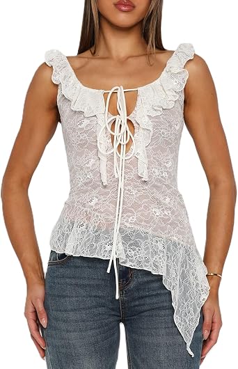Women Lace Asymmetrical Top Front Tie Cut Out Cami Tank Tops Y2k Ruffle Trim Sheer Lace Flowy Camisole