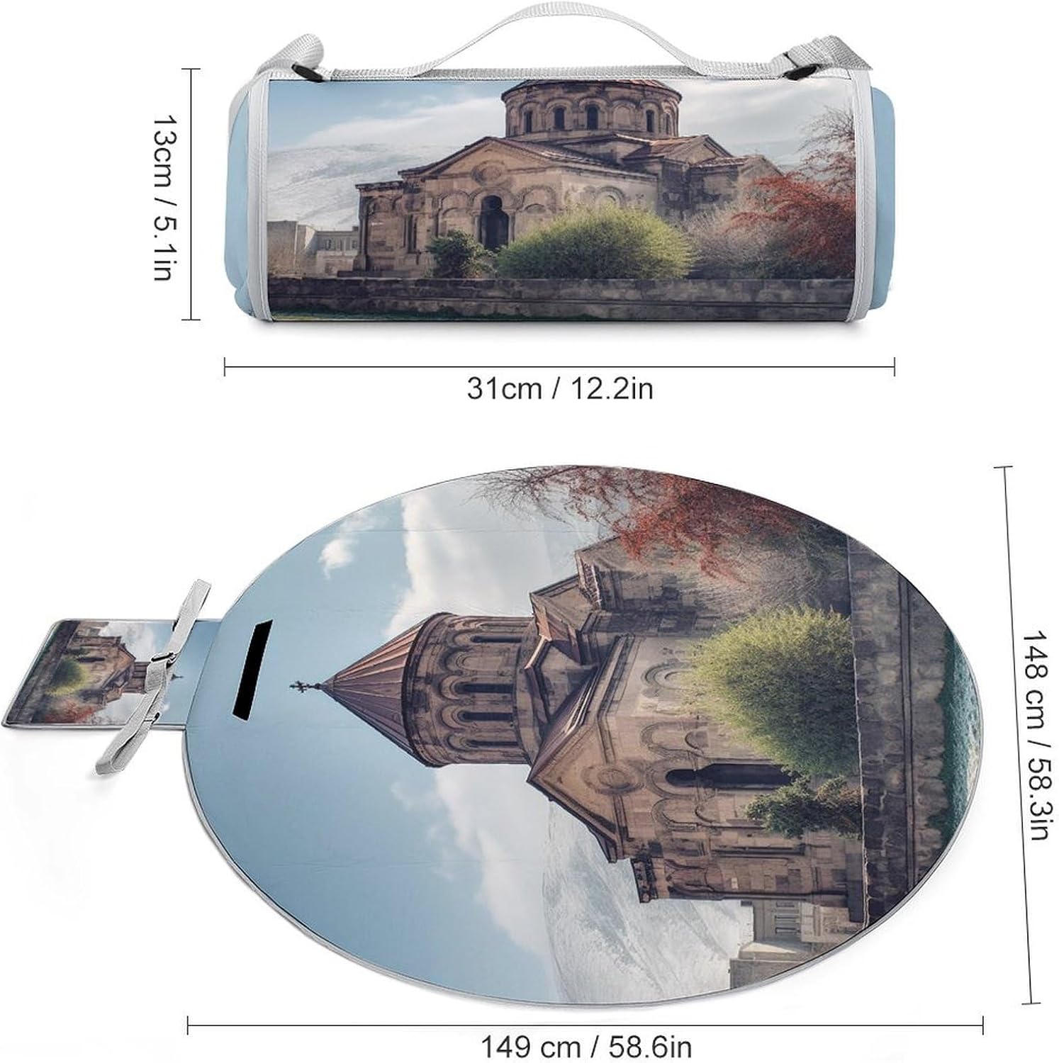 Armenian Church Round Outdoor Picnic Mat Foldable Waterproof Beach Camping Blanket Outdoor Rug with Sponge Padding
