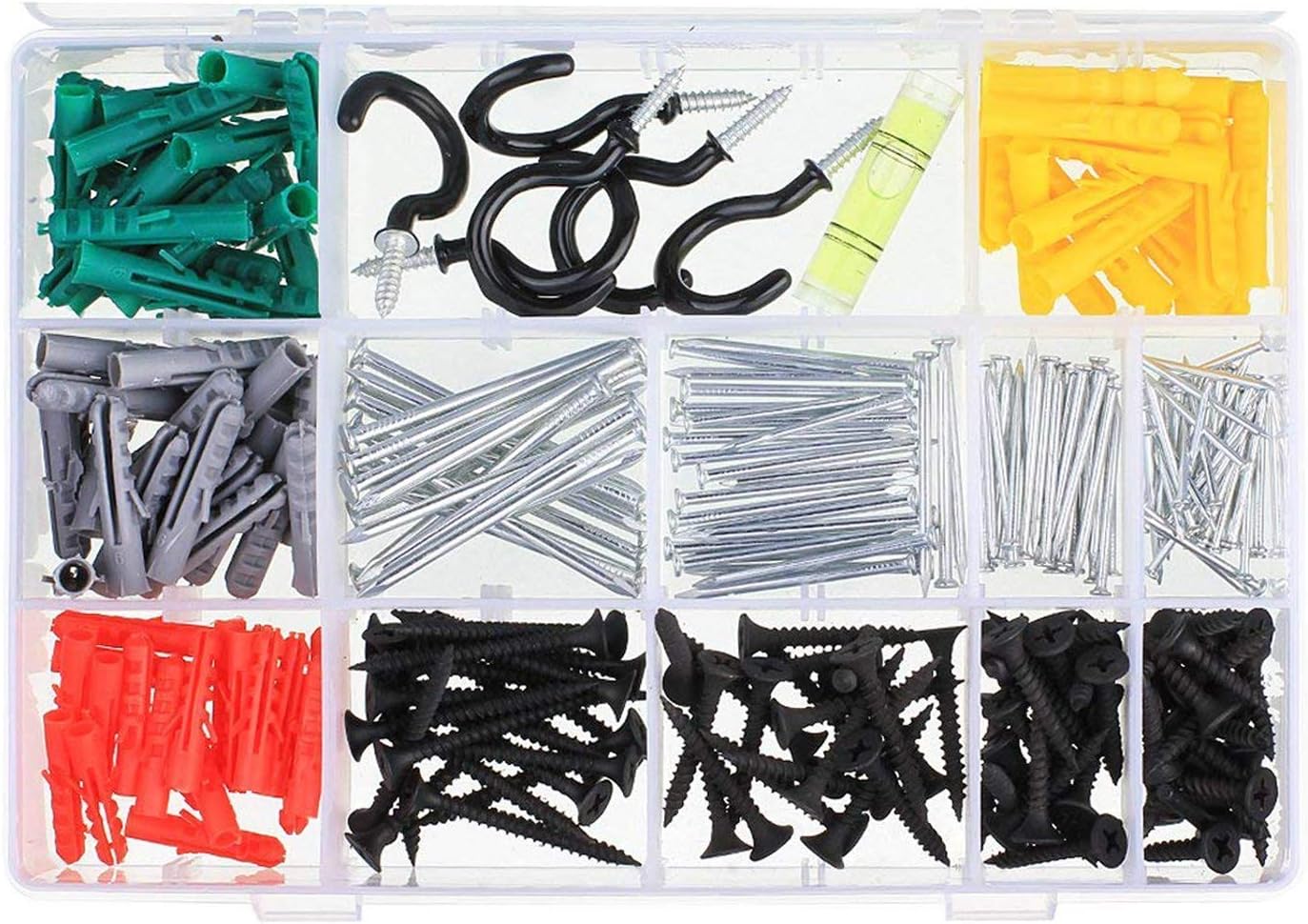 TAMAYKIM Screw and Anchor Kit(Contains The Spirit Level&Screw Hooks) Large Assorted Drywall Plugs & Screws for Mounting, Repairing, Building, Secure Drilling(282 Pieces)