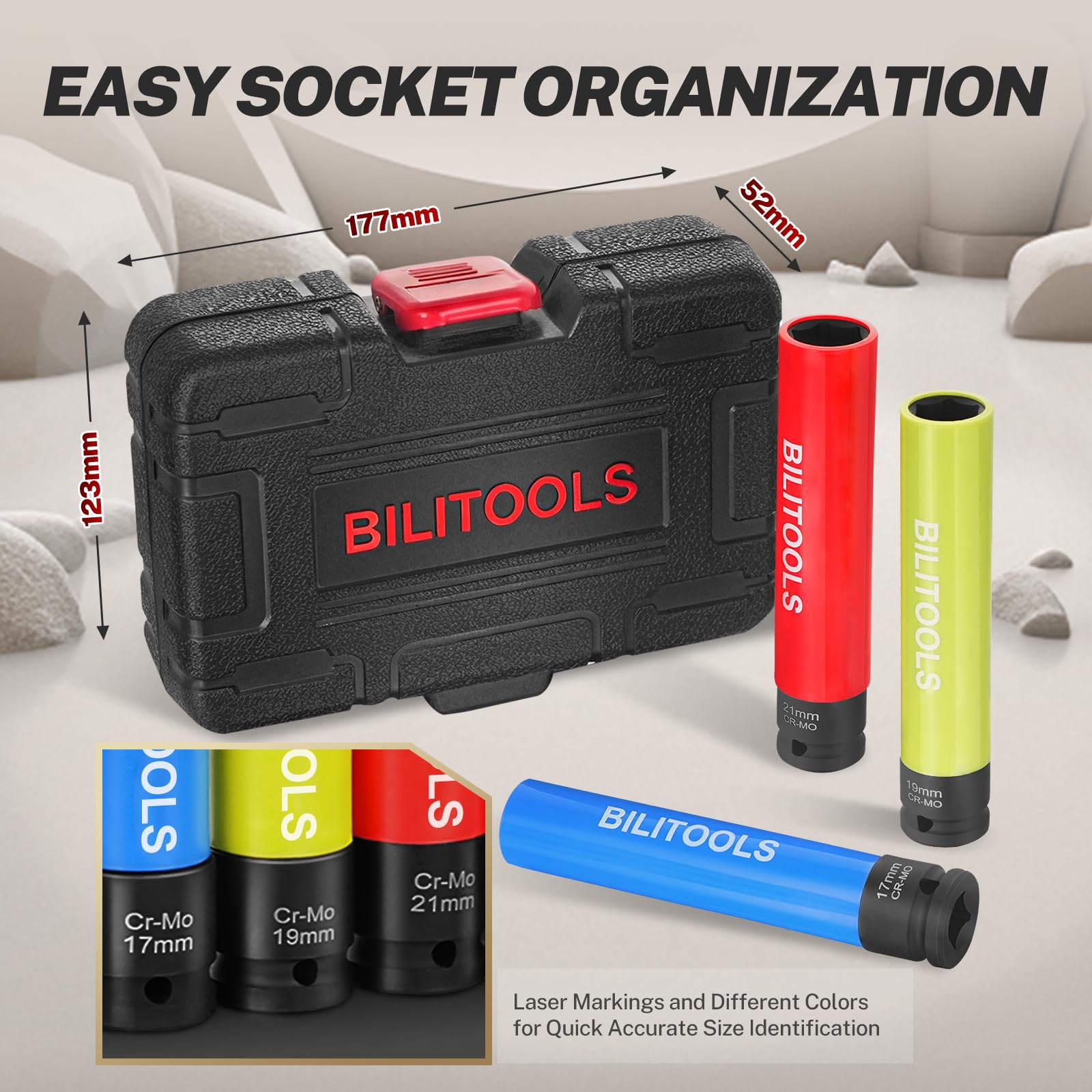 BILITOOLS Set di chiavi a bussola da 1/2", 17, 19, 21 mm, extra lunghe, 15,2 cm, non si rovinano
