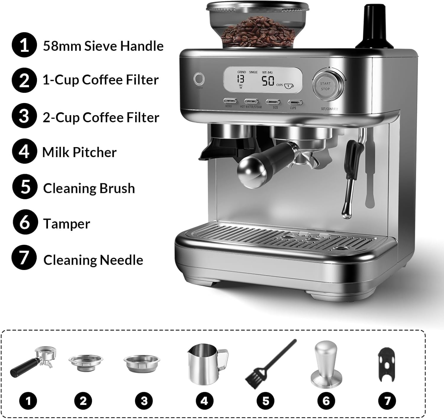 15 Bar Espresso Machine with Built-in Conical Burr Grinder & Milk Frother, Integrated Coffee Maker with PID Temperature Control System, LCD Display & 8.8 Oz Bean Hopper, for Latte, Cappuccino