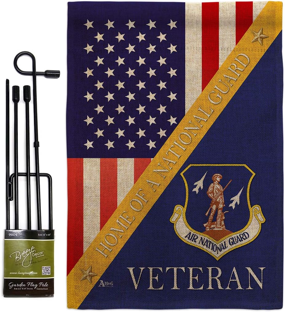 Home of Air National Guard Burlap Garden Flag Set with Stand Armed Forces ANG United State American Military Veteran Retire Official Small Gift Yard House Banner Double-Sided Made In USA 13 X 18.5