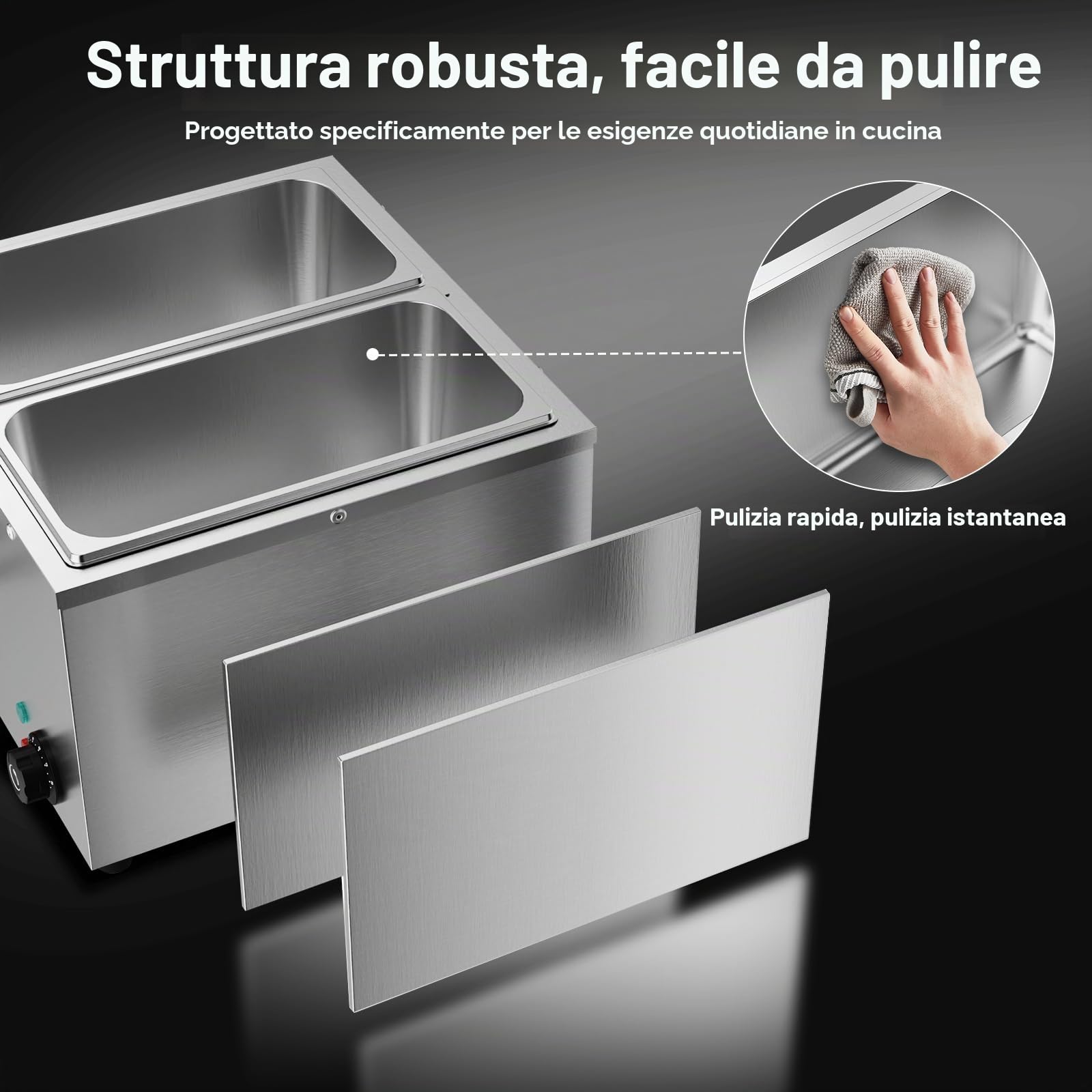 Scaldavivande professionale bagnomaria elettrico per buffet in acciaio inossidabile con 2 vassoi