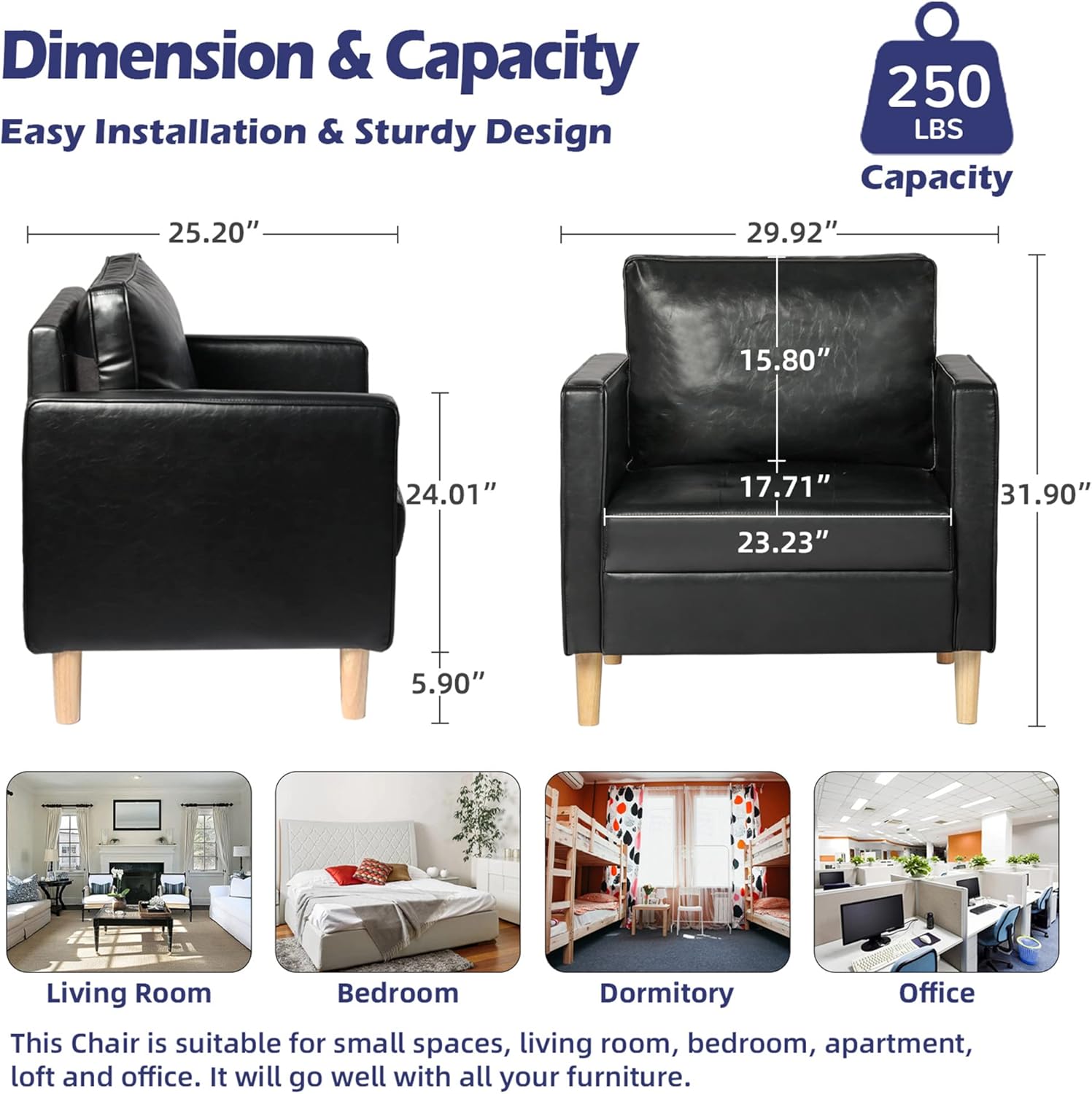 STHOUYN Black Faux Leather Accent Chairs Set of 2 Small Living Room Bedroom Chairs, Comfy Reading Chair Single Sofa for Adults, Suitable Small Spaces Office Couch, Easy Assembly