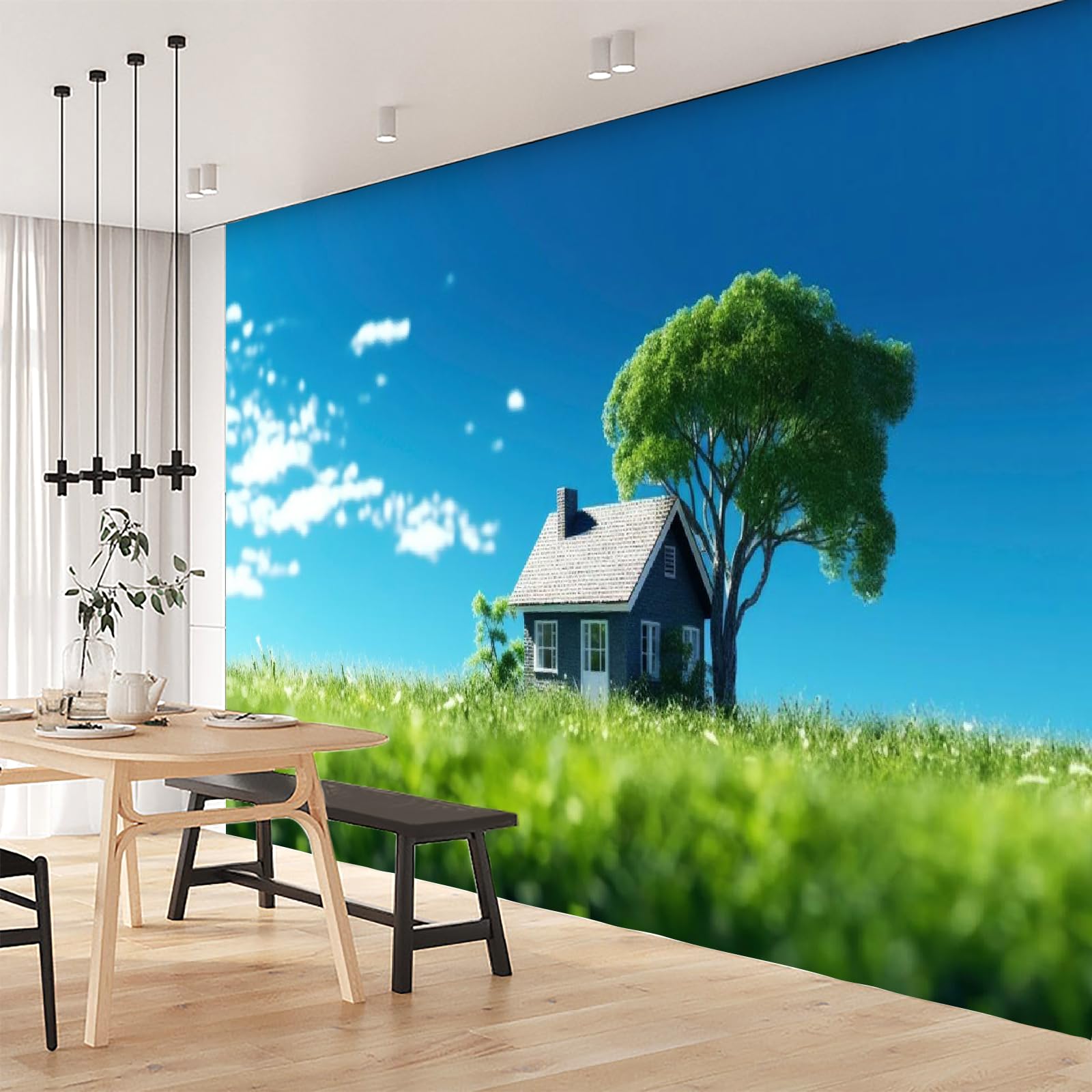 Carta Da Parati Prato 250x175 cm Fotomurali Non Tessuto Effetto 3D Campagna Paesaggio Decorazione Poster Arte Murale per Soggiorno Camera Letto Sala Ufficio F-282