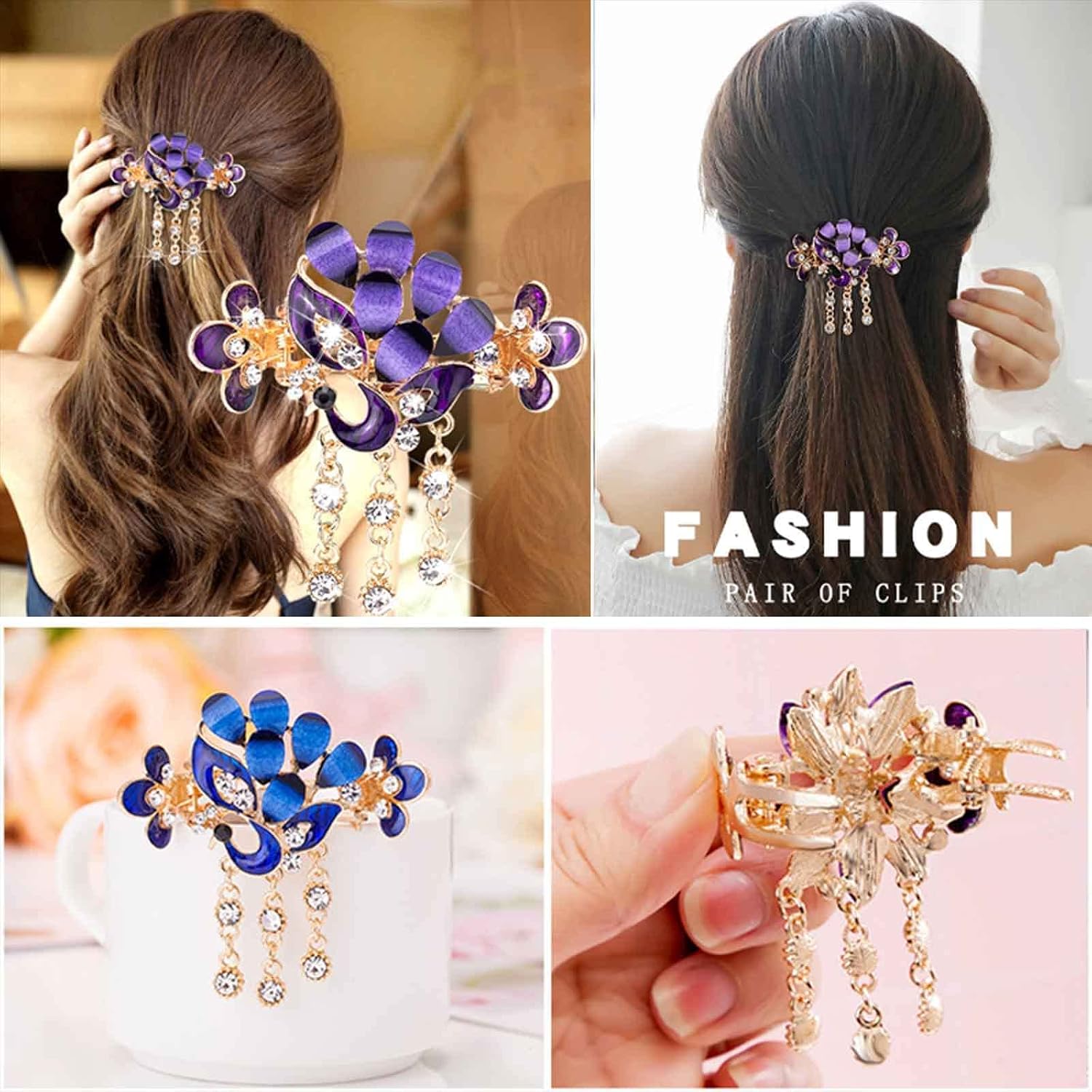 Aphro Butterfly Tassel Hair Clip - Crystal Rhinestone Butterfly Tassel Hair Clip, Butterfly and Flower Hair Pins, Vintage Barrette Hair Clips for Women Decorative (5Pcs Butterfly)