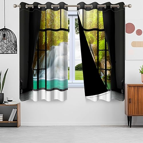 Miniatura 13 de Cortinas opacas de cascada con estampado 3D de ventana de paisaje natural, cortinas para sala de estar, panel de cortina de río con ojales aislados