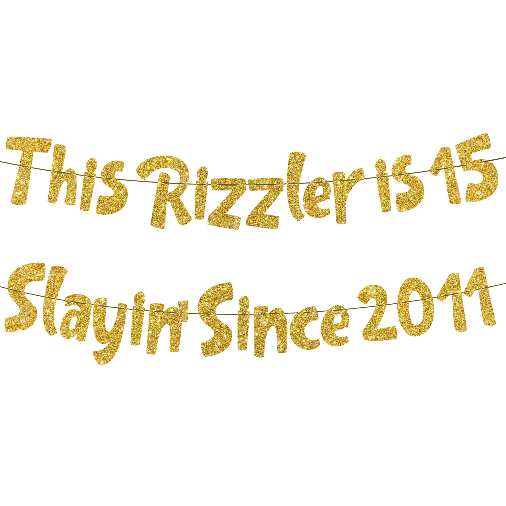 15th Birthday Decorations Party Banner - 2 Pcs Pre-Strung Glitter Gold This Rizzler Is 15 Slayin' Since 2011 Banner Garland For Boys Girls 15 Year Old Party Decor Supplies
