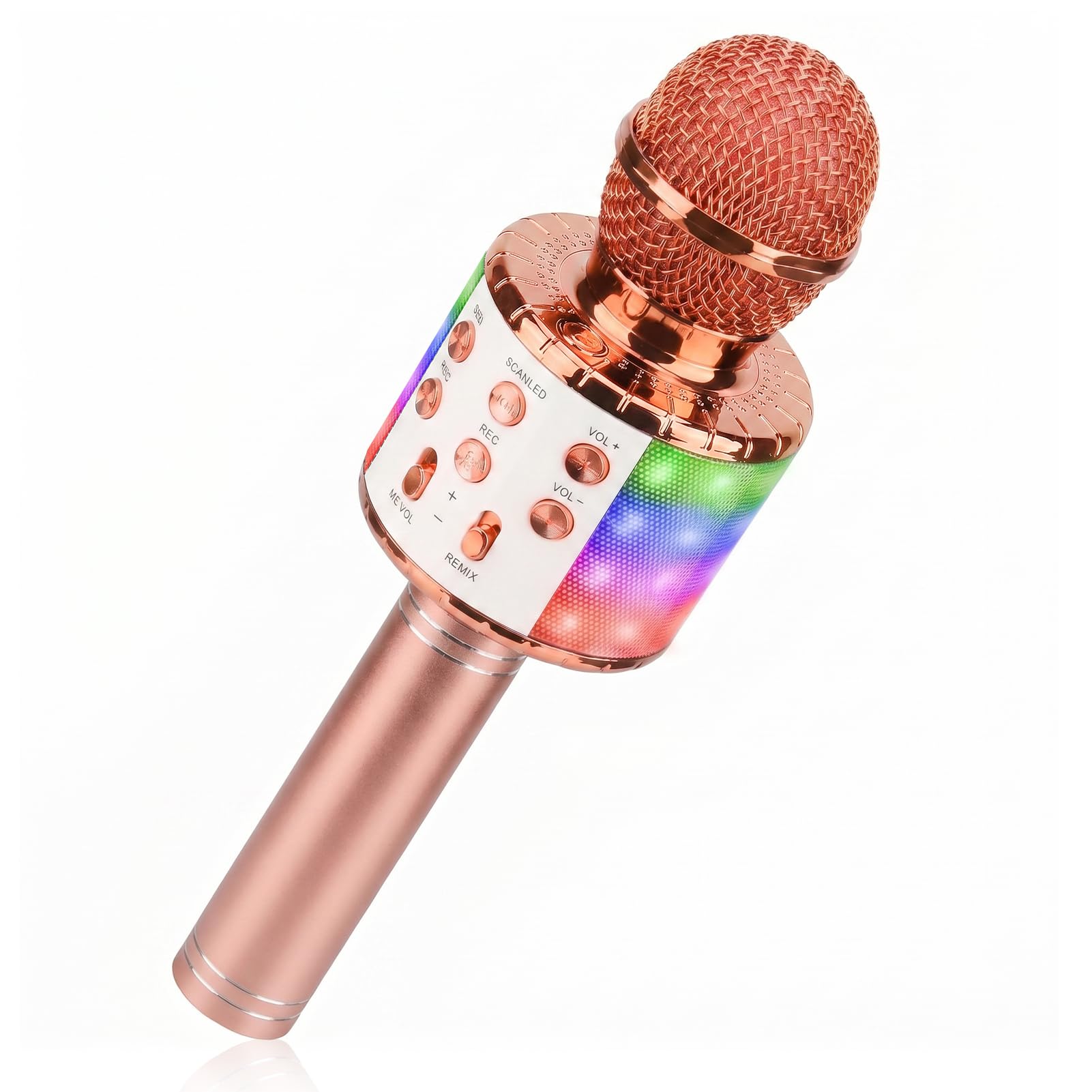 ShinePick Mikrofon Kinder Bluetooth, 4-in-1 Drahtloses Karaoke Mikrofon, Tragbare LED Microphone Spielzeug ab 4-12 Jahre, Heim KTV Karaoke Gerät kompatibel mit iOS Android PC(Roségold)