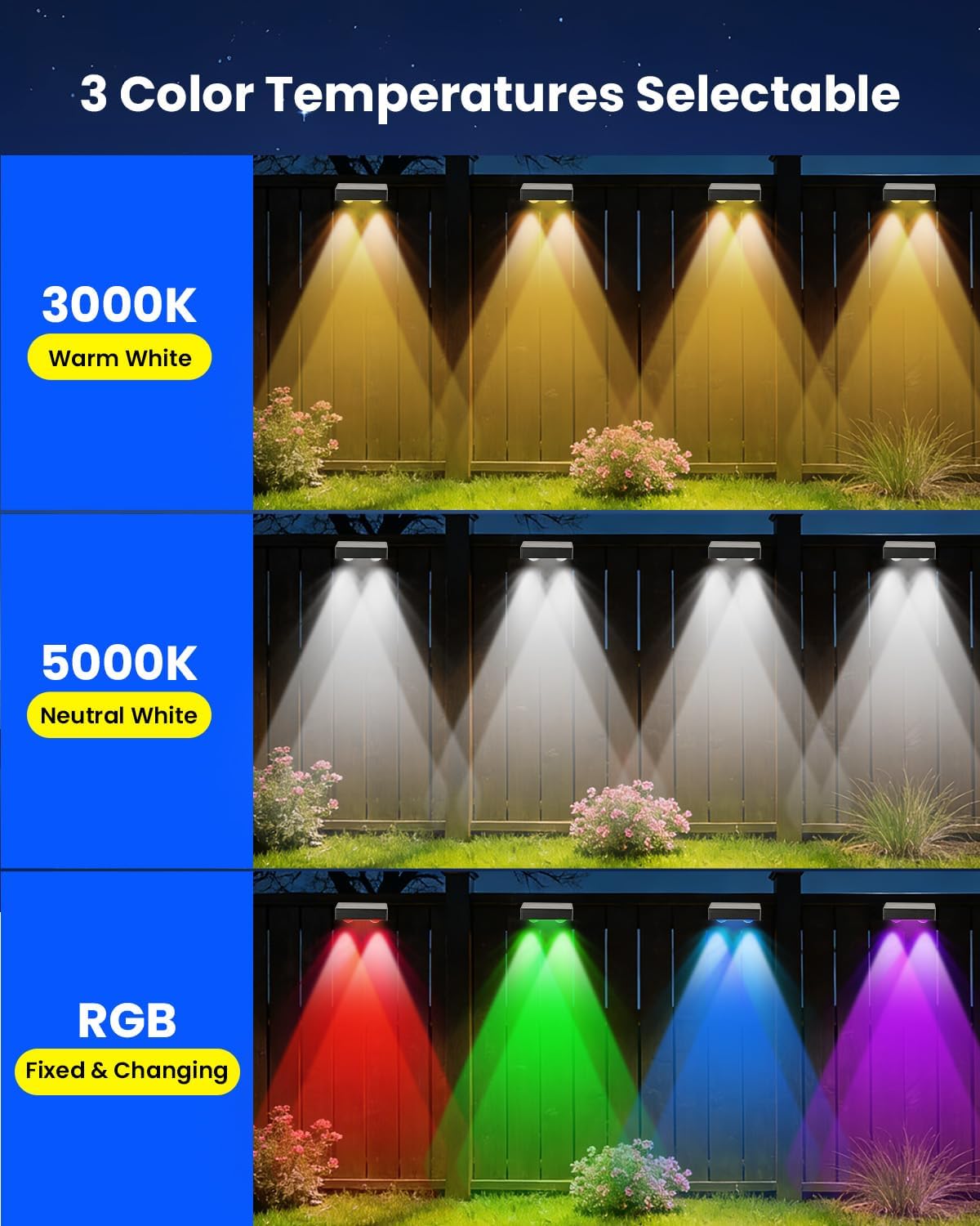 Solar Fence Lights Outdoor Waterproof 8 Pack 60 LM Brighter Dual LED Spot Lens 12 Modes & 9 Colors Deck Lights Solar Powered Wall Lighting Decor for Outside Yard Step Patio Porch Railing Pool