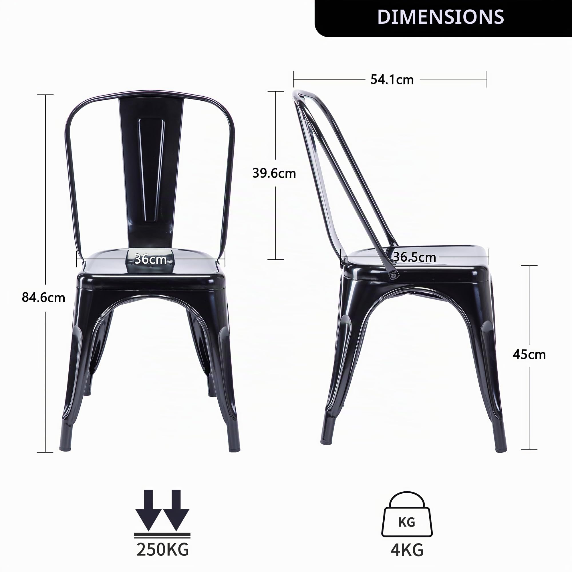 DUHOME Chaise de Salle à Manger en Métal Lot de 4, Chaise de Cuisine Empilable Chaise de Jardin avec Dossier pour Bar Café Salon Restaurant Intérieur et Extérieur, Noir