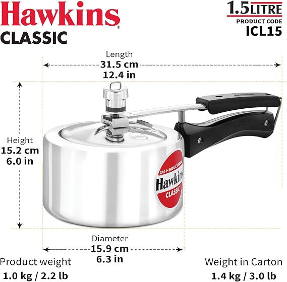 Hawkins Classic Pressure Cooker, Induction Inner Lid Cooker, Pan Cooker, Best Cooker, Silver ICL15 1.5 Litre