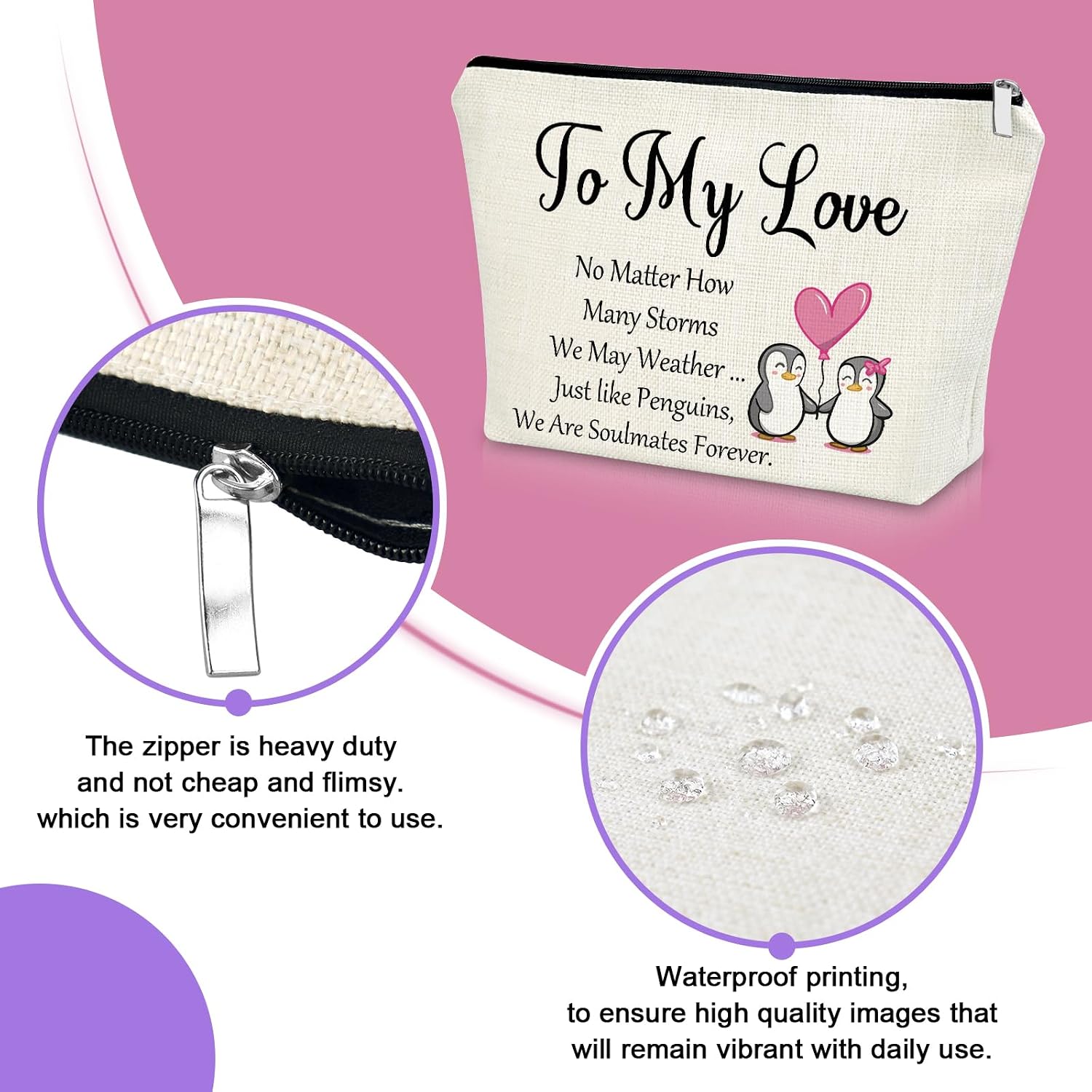 Penguin Love Gift Makeup Bag Anniversary Romantic Gift for Couples Valentines Present for Wife Husband Travel Organizer Toiletry Bag Christmas Birthday Gifts for Boyfriend Girlfriend Cosmetic Pouch image 3
