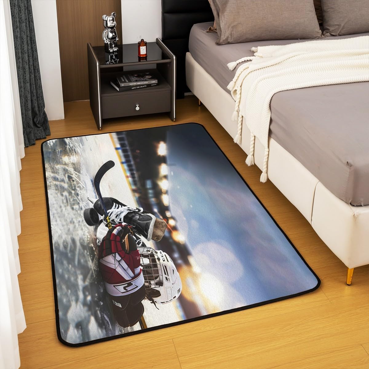 jejeloiu Ice Hockey Area Rug 4x5 Hockey Punk Rugs for Living Room Bedroom Hockey Player Floor Mat Winter Sports Hobby Soft Cozy Carpet Decor