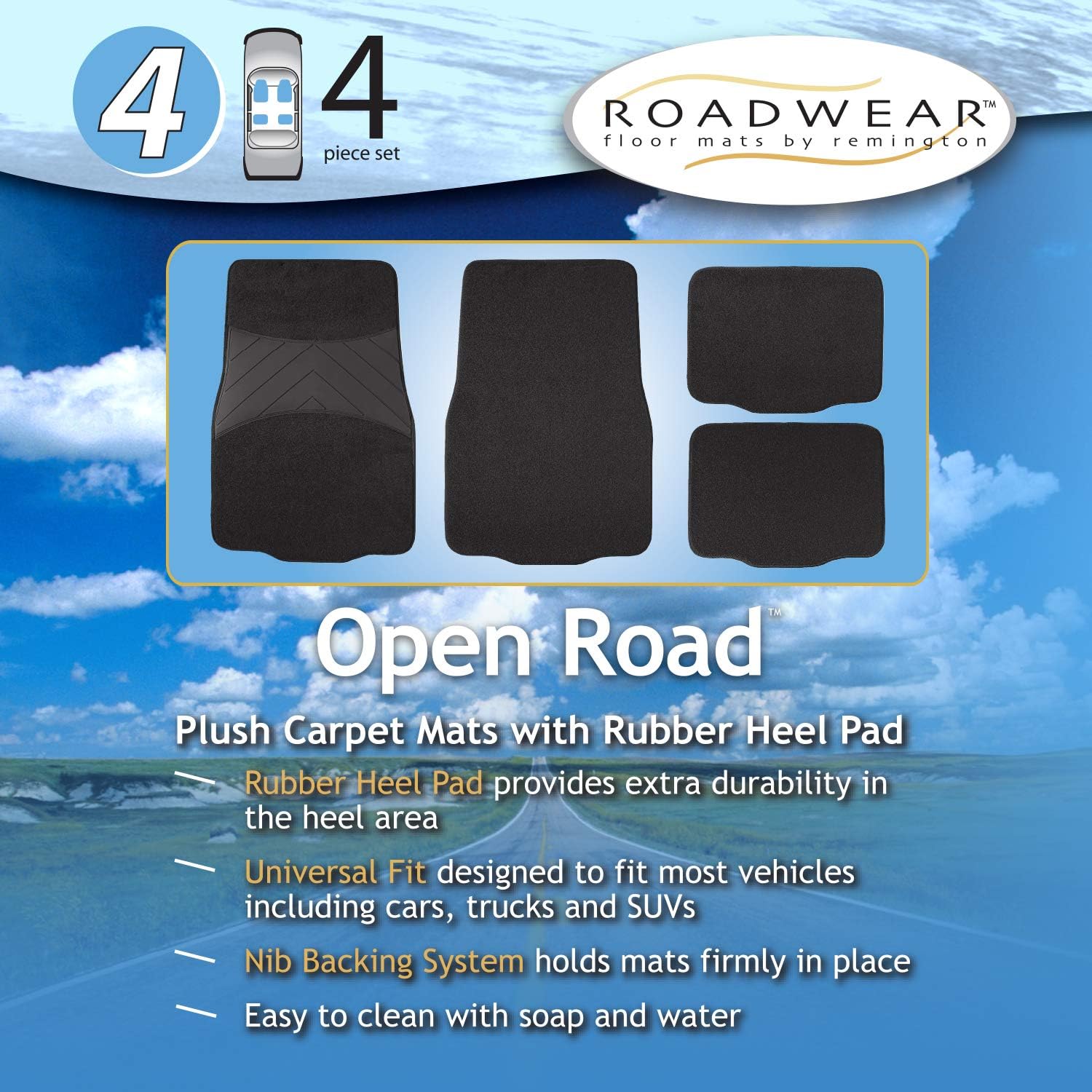 Automotive Rubber and Carpet Floor Mats: 4 Piece Set (Front + Rear), Universal Fit, Black (109-14)