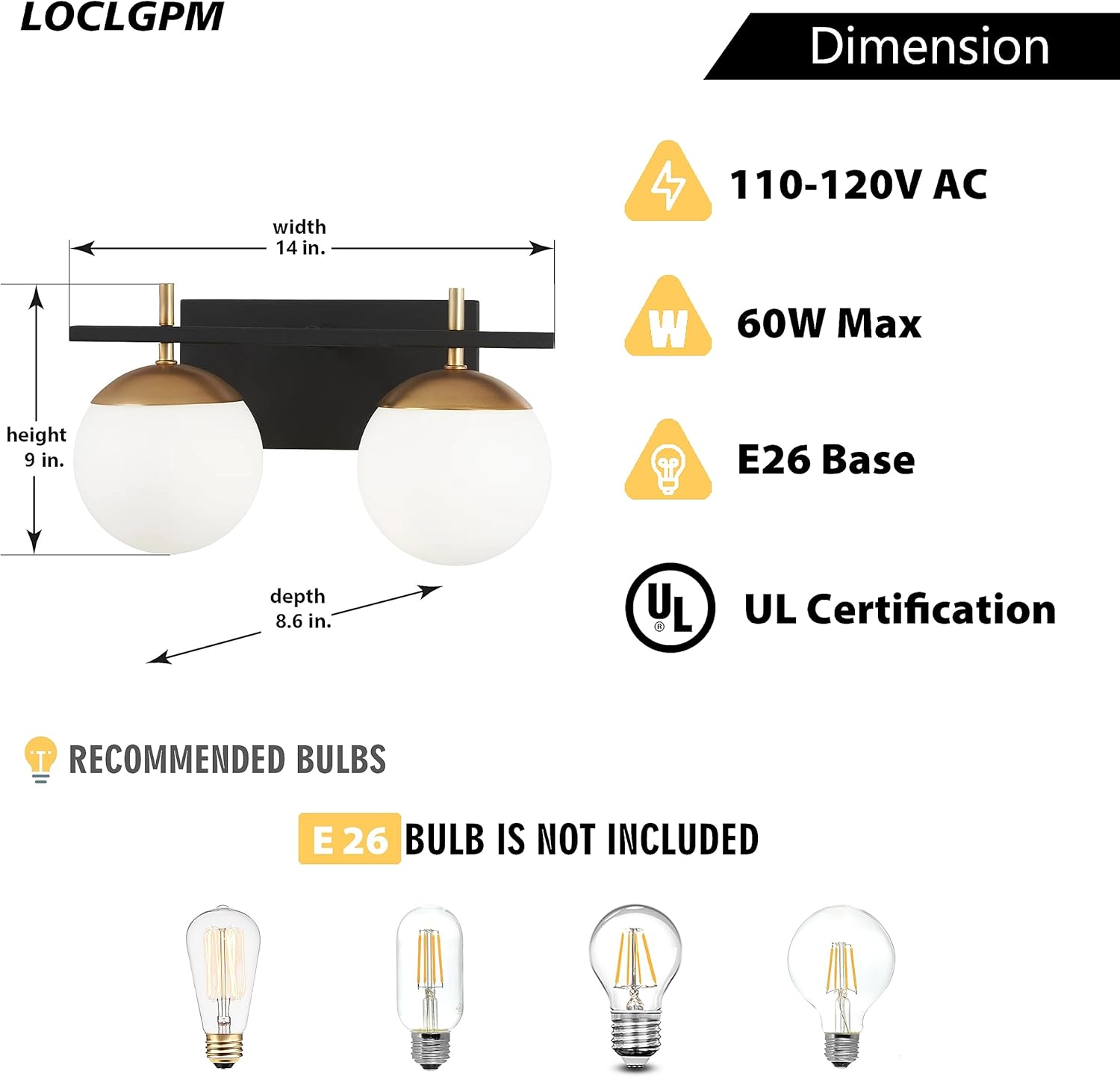 Mid Century 2-Light Bathroom Vanity Light Over Mirror, Black and Gold Modern Bathroom Light Fixtures with Milky White Frosted Glass Globe Shade, Wall Sconces for Bathroom, Stairs, Kitchen
