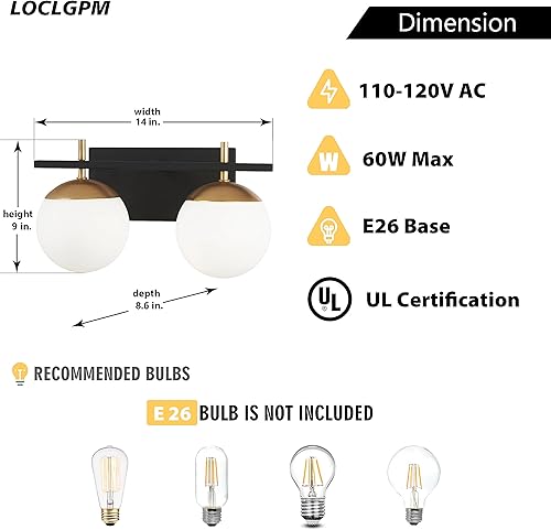 Miniatura 5 de 2 lámparas de baño, luz negra y dorada, luz de baño de mediados de siglo sobre espejo con pantalla de globo de vidrio blanco, apliques de pared para