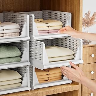 Set of 3 Large Foldable Cloth Storage Organizer/Multipurpose Adjustable Sliding Tray Basket/Wardrobe Organizer For Clothes/Rack Organiser for Storage/Shirt Stacker Box (44 x 33 x 54 cm, White)