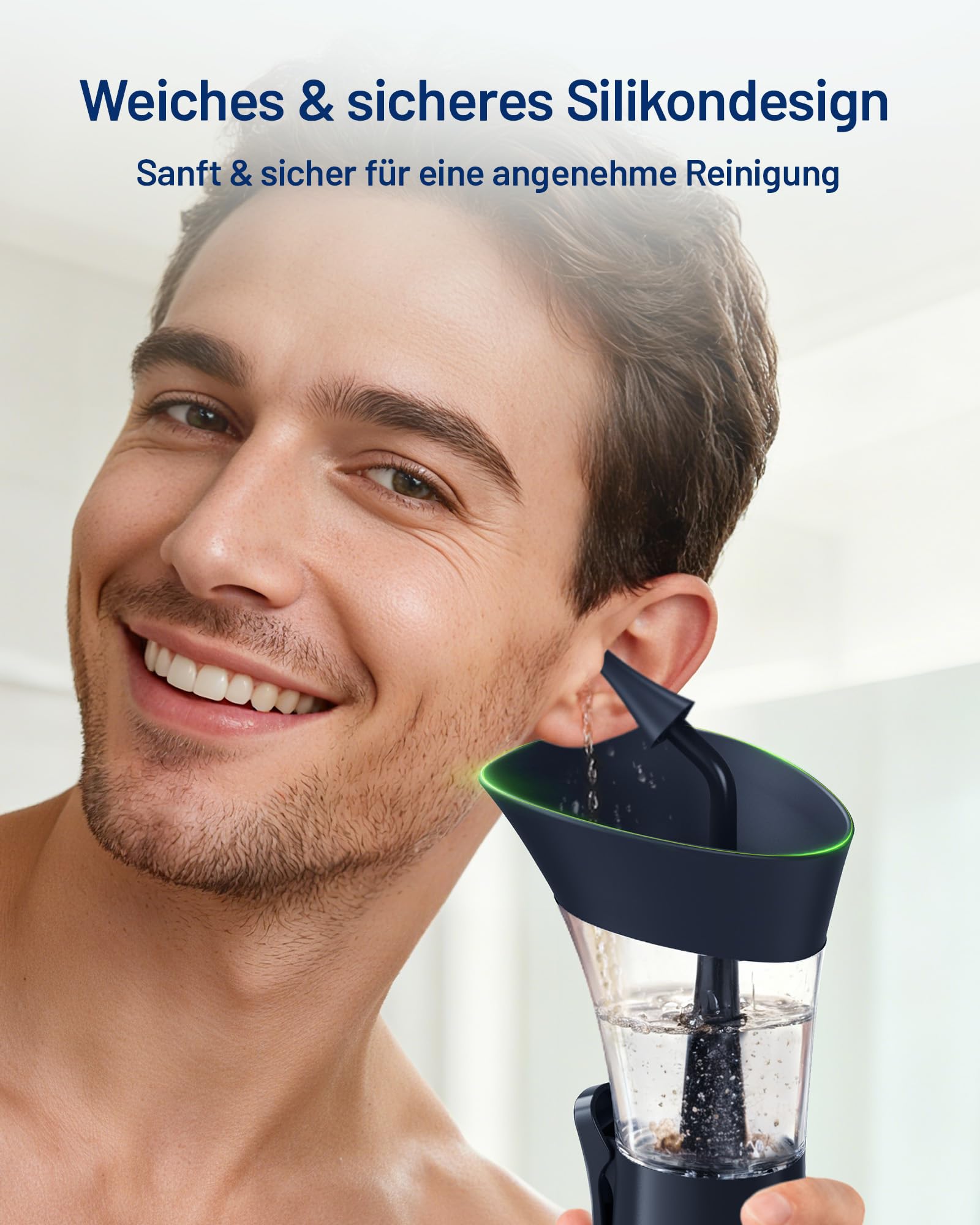 KAUGIC Manuelles Ohrpflege-Set mit 4 Silikonaufsätzen, Integrierter Wassertank für tägliche äußere Ohrhygiene, blaugrau