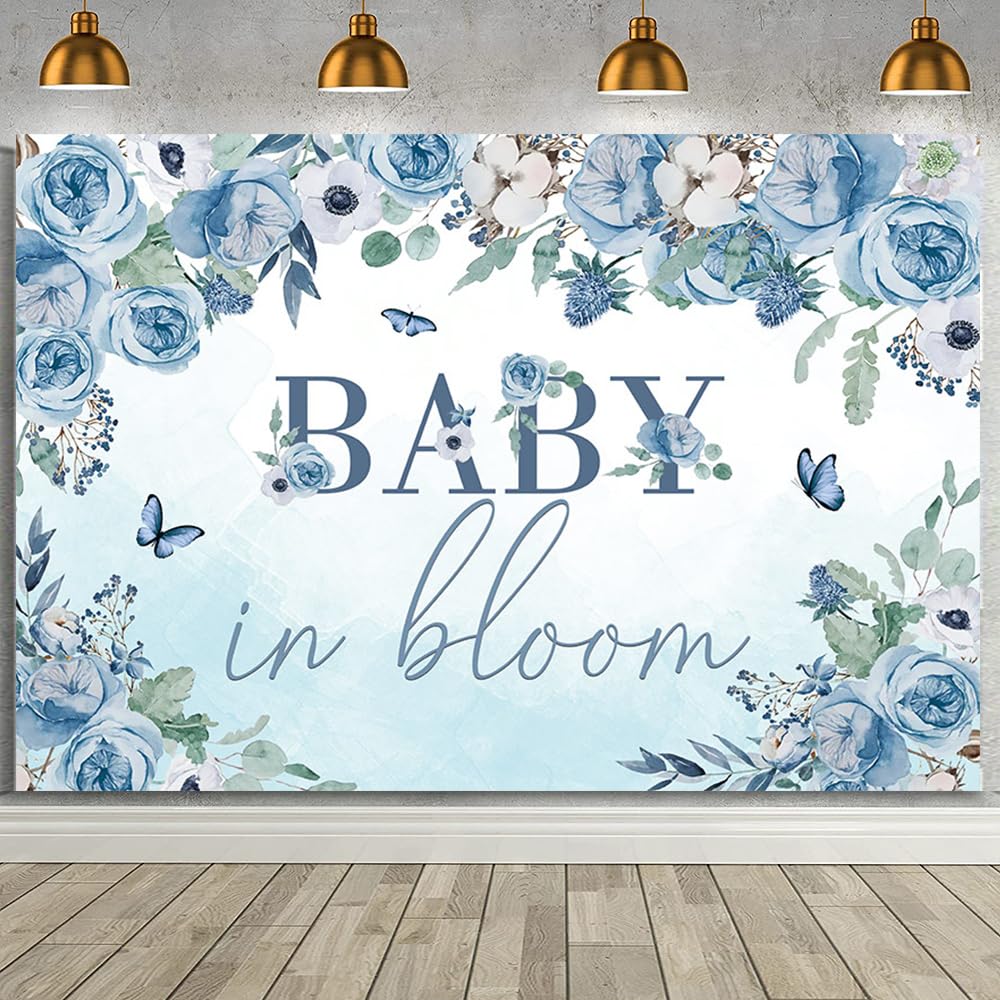 MEHOFOND 7x5ft Baby in Bloom Backdrop Blue Floral Baby Shower Decorations Banner Watercolor Flower Butterfly Newborn Boys Party Photography Background