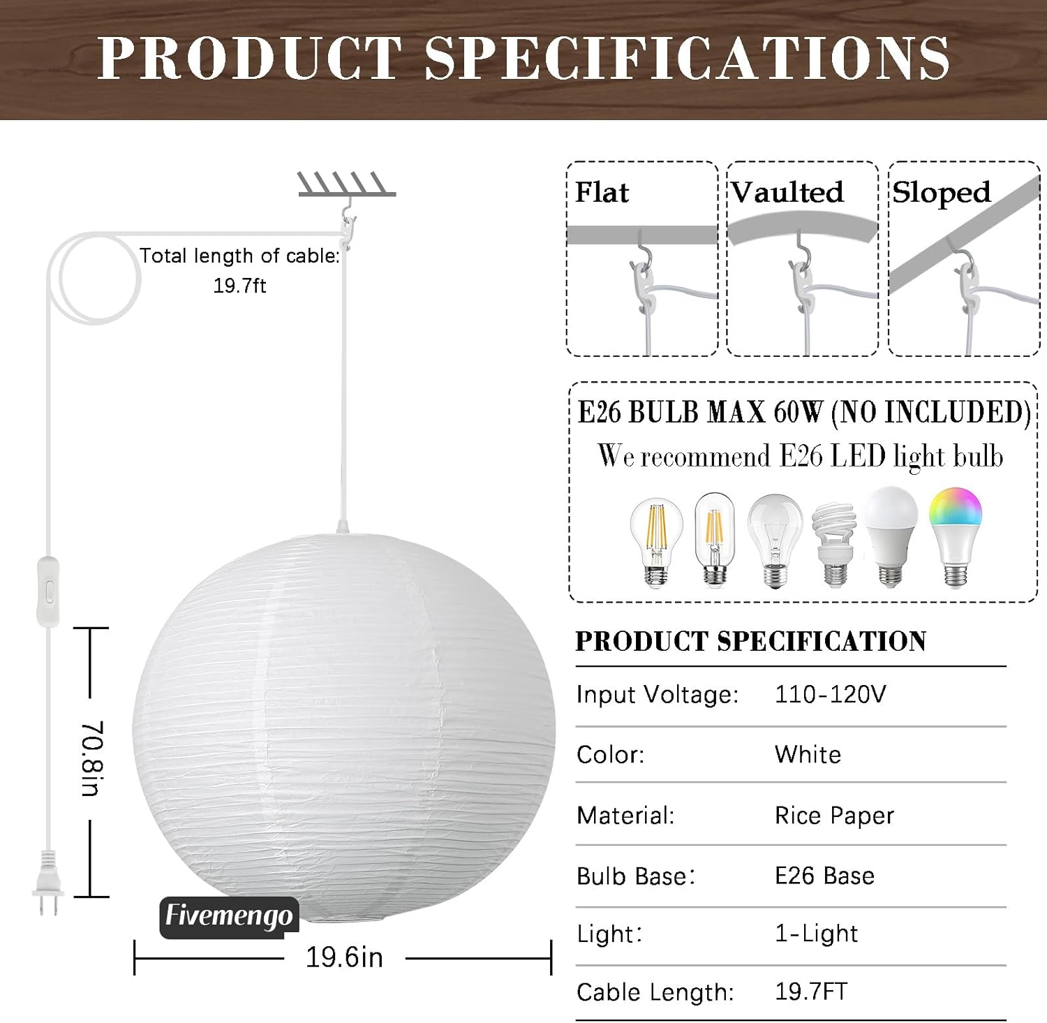 Paper Lantern Lamp Plug in Hanging Lamp, 20in White Rice Paper Pendant Light with 19.7FT Cord Large Globe Japanese Japandi Wabi Sabi Chandelier for Dining Living Room Bedroom Office 1 Pack