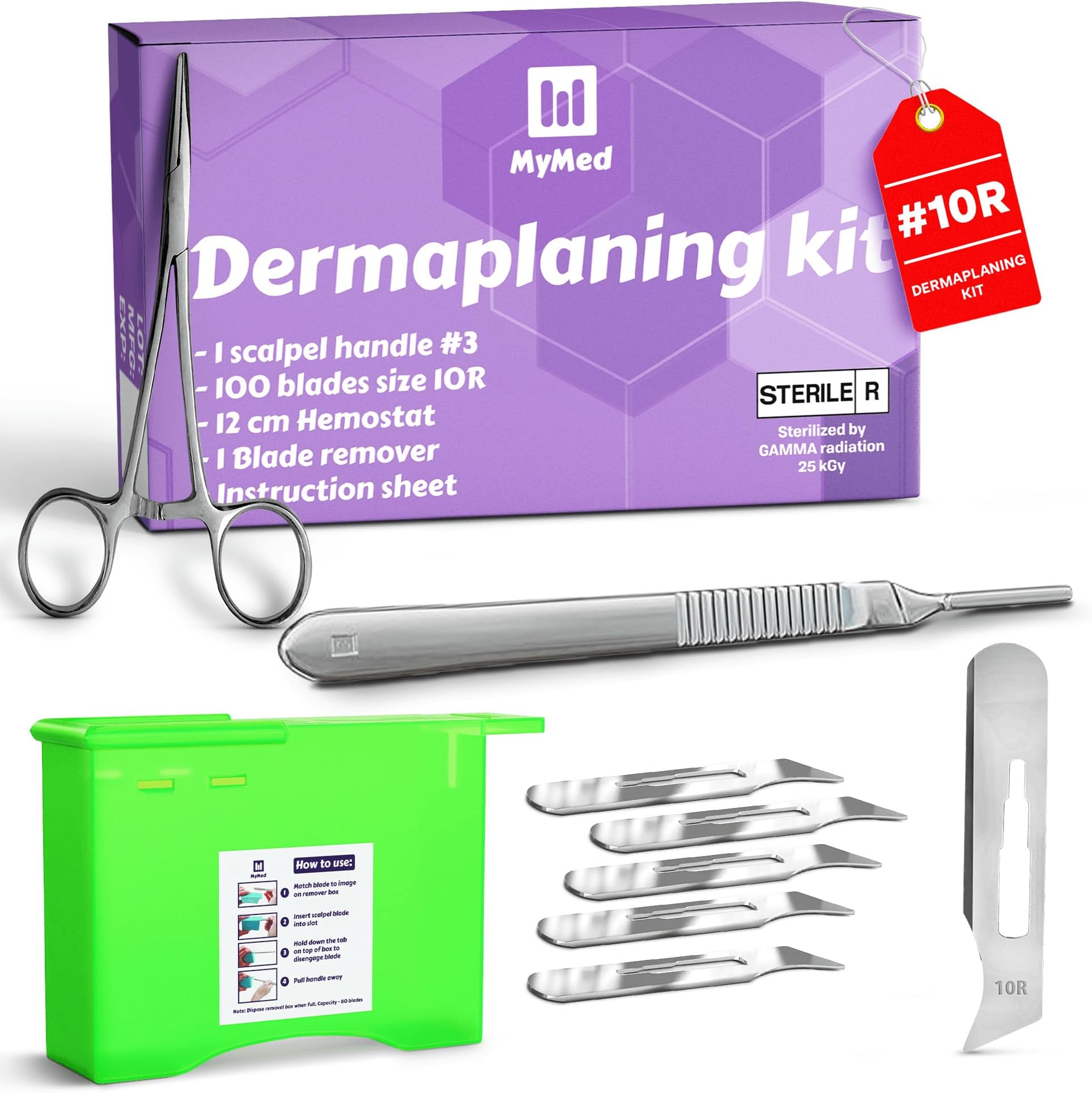 10R Blades Dermaplaning Kit Containing 10r Blades Scalpels Pack of 100 with Scalpel Handle #3 + 10R Scalpel Blade Remover Box + Hemostat by Mymed