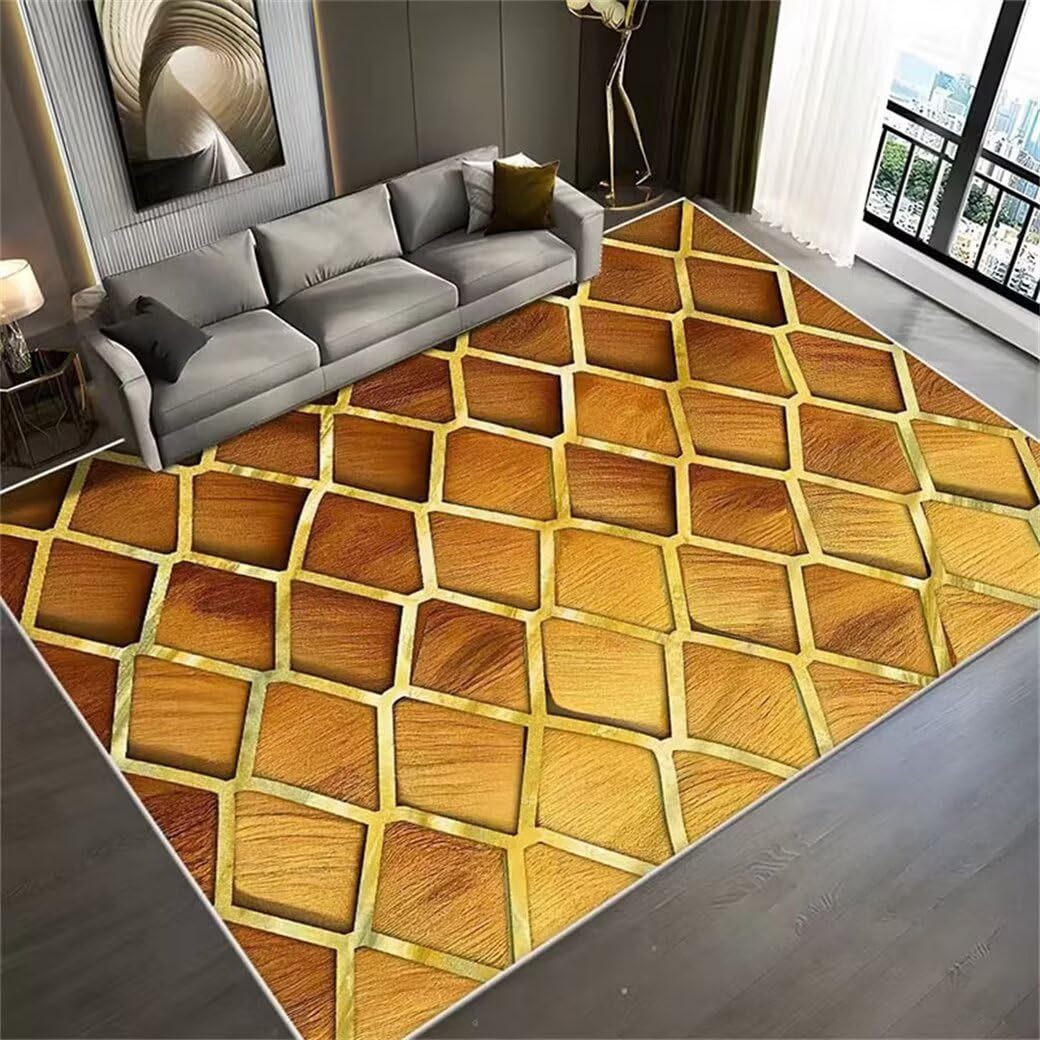 Tapis de salon jaune à motif de grille 3D : la douceur d'une moquette en taille 100x150