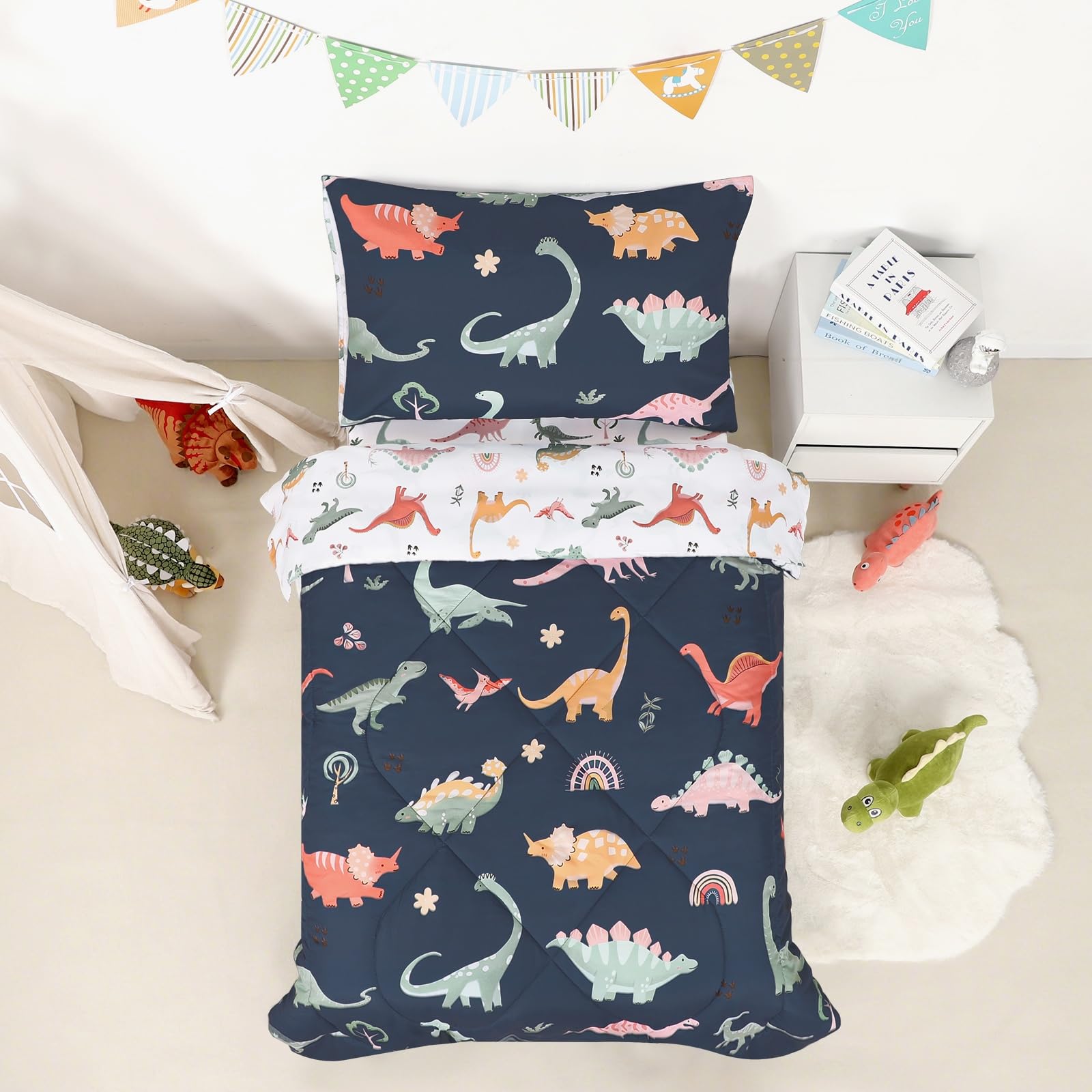 Toddler Bedding Set for Boys, 4 Piece Toddler Boy Bedding, Super Soft Crib Comforter Set Includes Comforter, Flat Sheet, Fitted Sheet, Pillowcase (Blue Dinosaur)