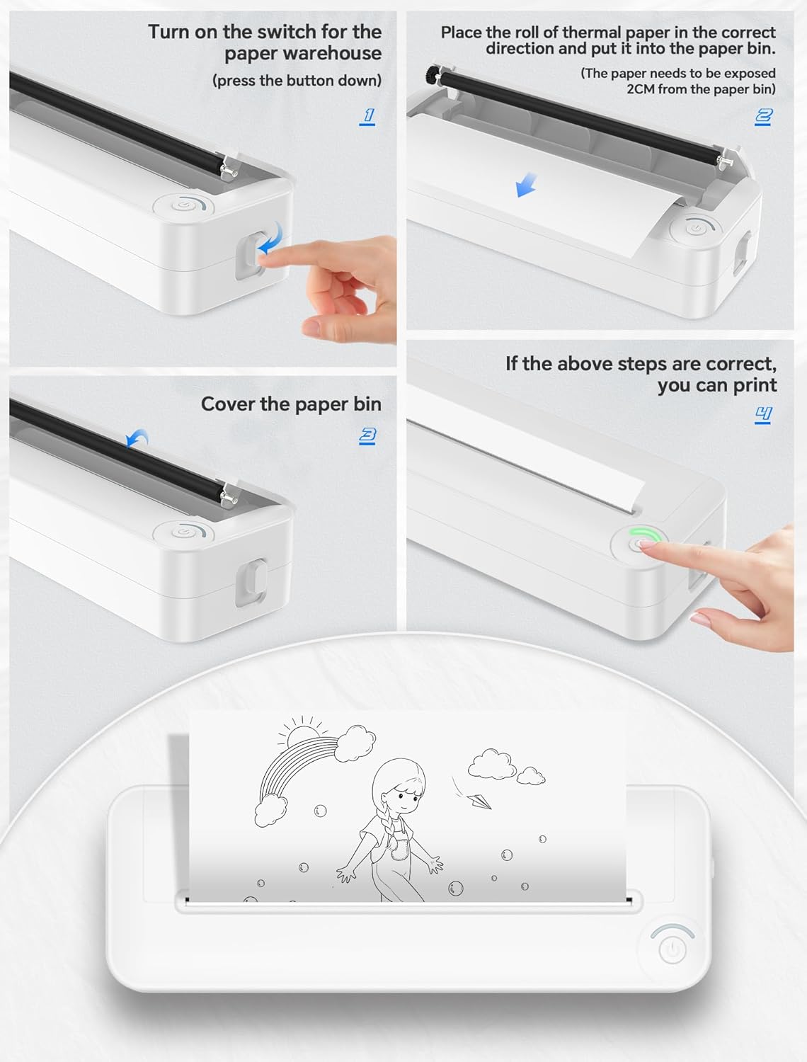 Relassy Portable Wireless Thermal Printer, Inkless A4 Printer for Travel, Home & Office, Compatible with Android, iOS, Laptops, 300DPI Compact Bluetooth Printer with Rechargeable Battery