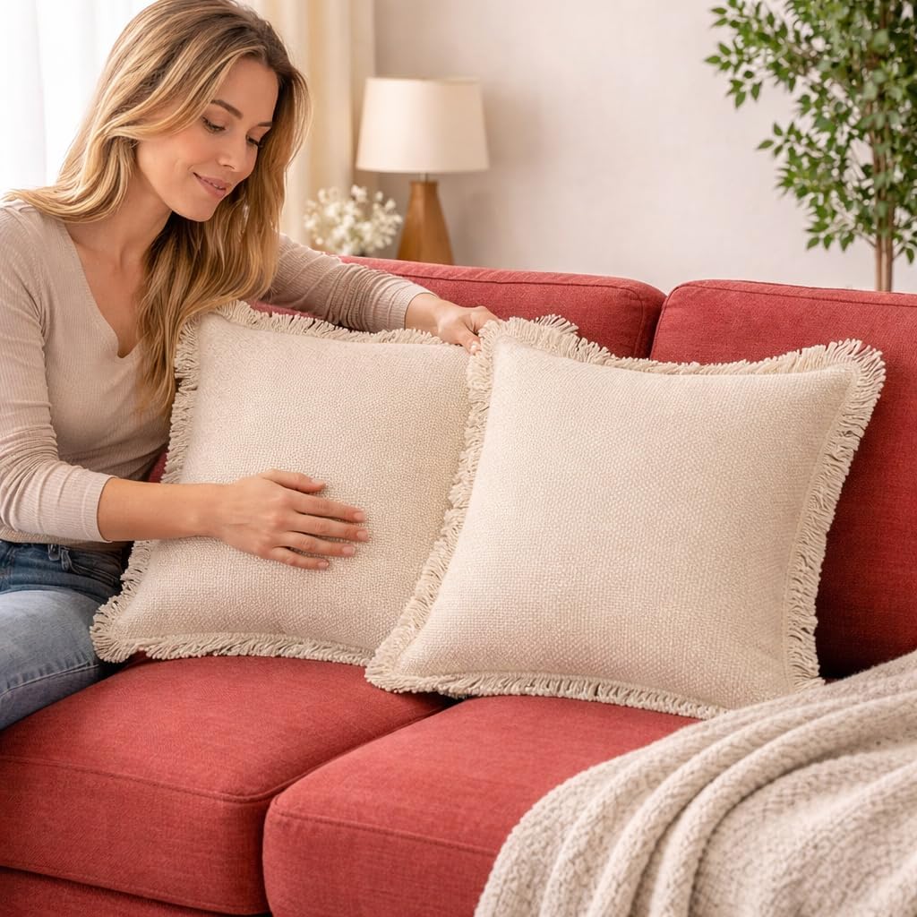 Pillow Covers Set of 2 – Embroidered Pattern Throw Pillow Cases –18x18 Inch 90% Cotton,10% Linen Cushion Covers for Sofa, Couch, Bedroom, Living Room Décor – Natural Decorative Pillow Covers