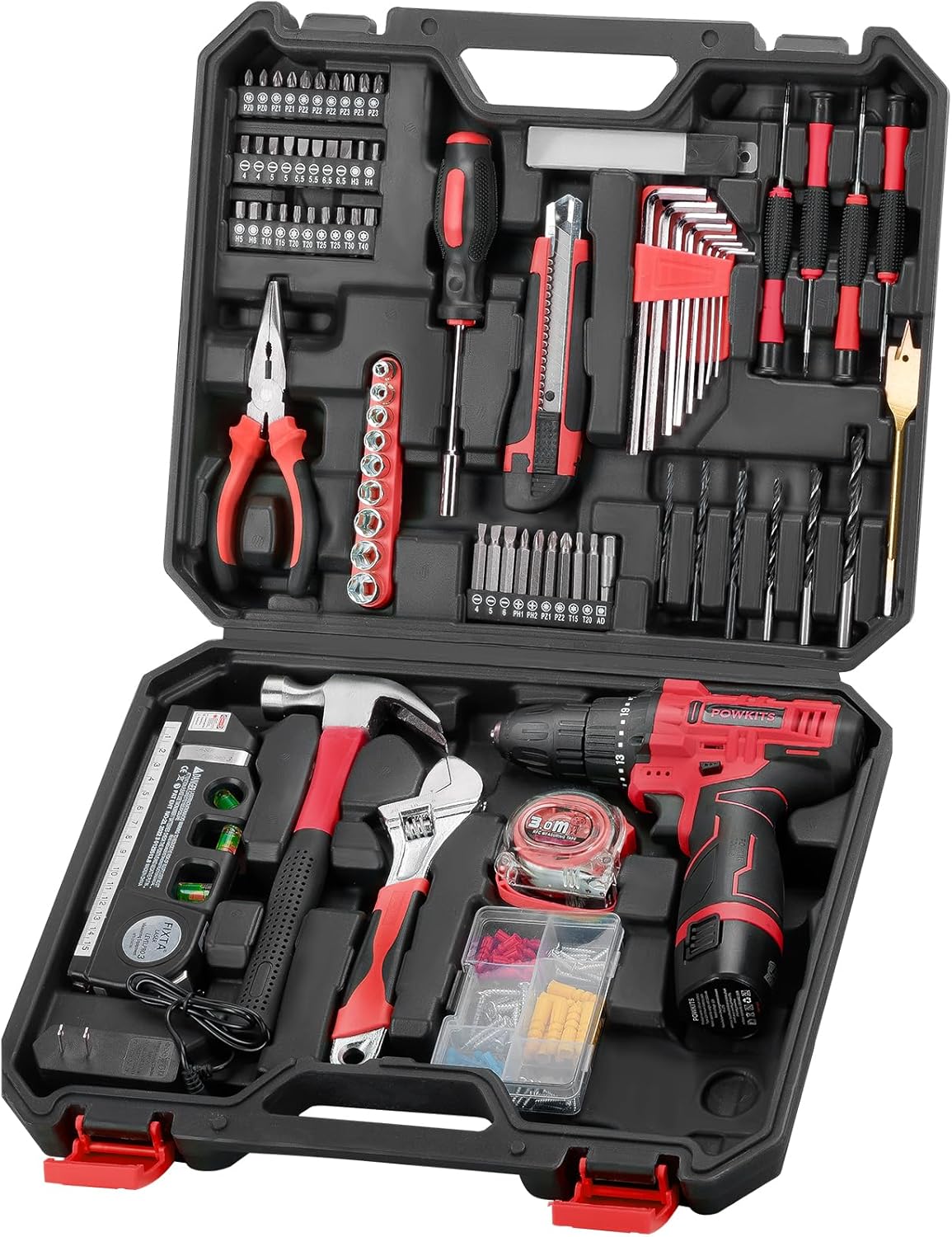 Cordless Drill Tool Set: 12V Power Drill Tool Kit with Laser Level, Battery & Charger, 142Pcs Home Hand Repair Tools Box, Portable Household Basic Drills Case for Men & Women, Red