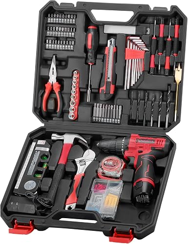 12V Cordless Drill Tool Set, 25+1 Torque Setting, Red Tool Kit for Home | Electric Drill with Battery & Charger, 2-Speed Power Drill Set for Women & Men, Basic Tool Kit with Drill, 142Pcs