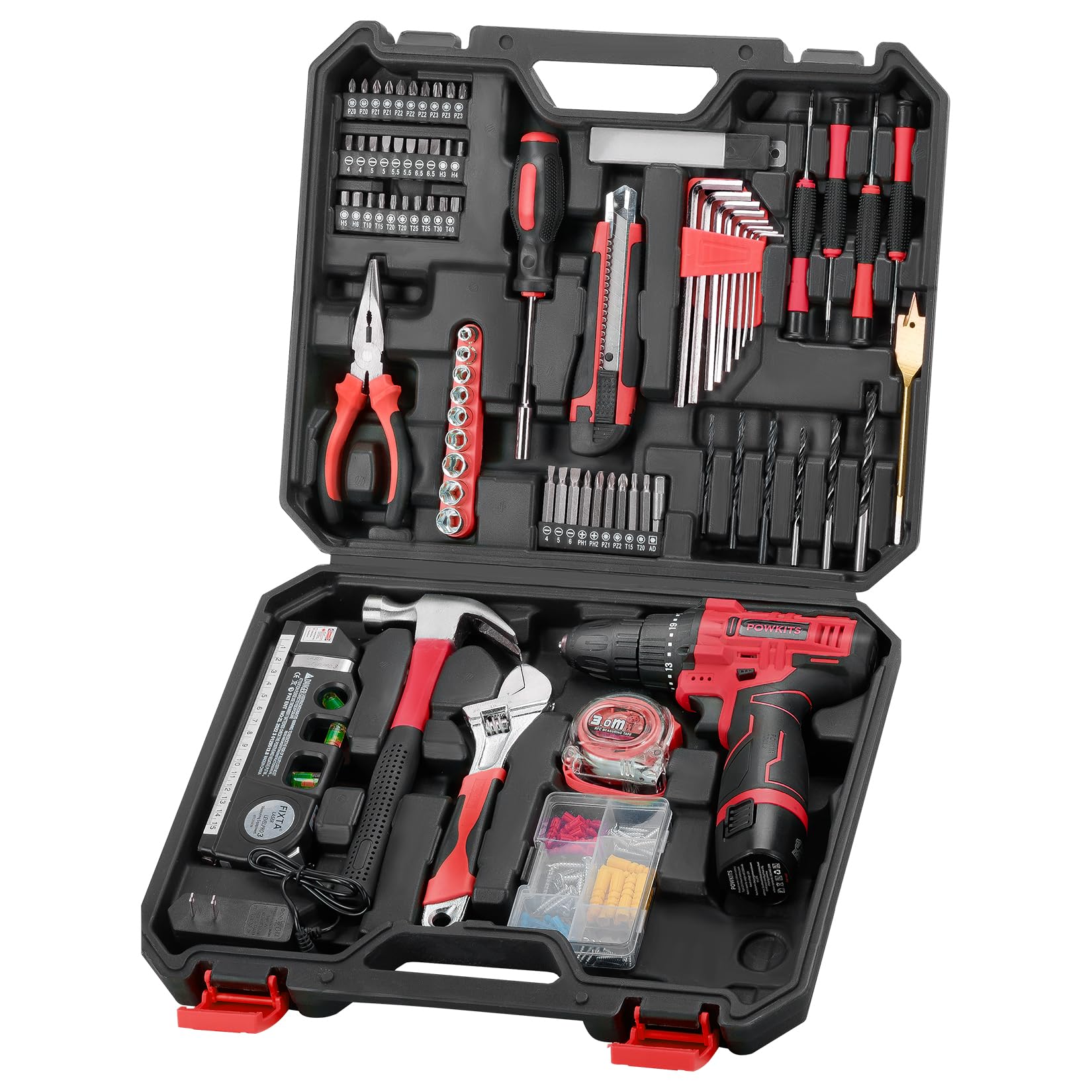 Cordless Drill Tool Set: 12V Power Drill Tool Kit with Battery & Charger, 25+1 Torque Setting, Portable Household Basic Drills Case for Men & Women, 2-Speed Electric Drill Set, 142 Piece, Red