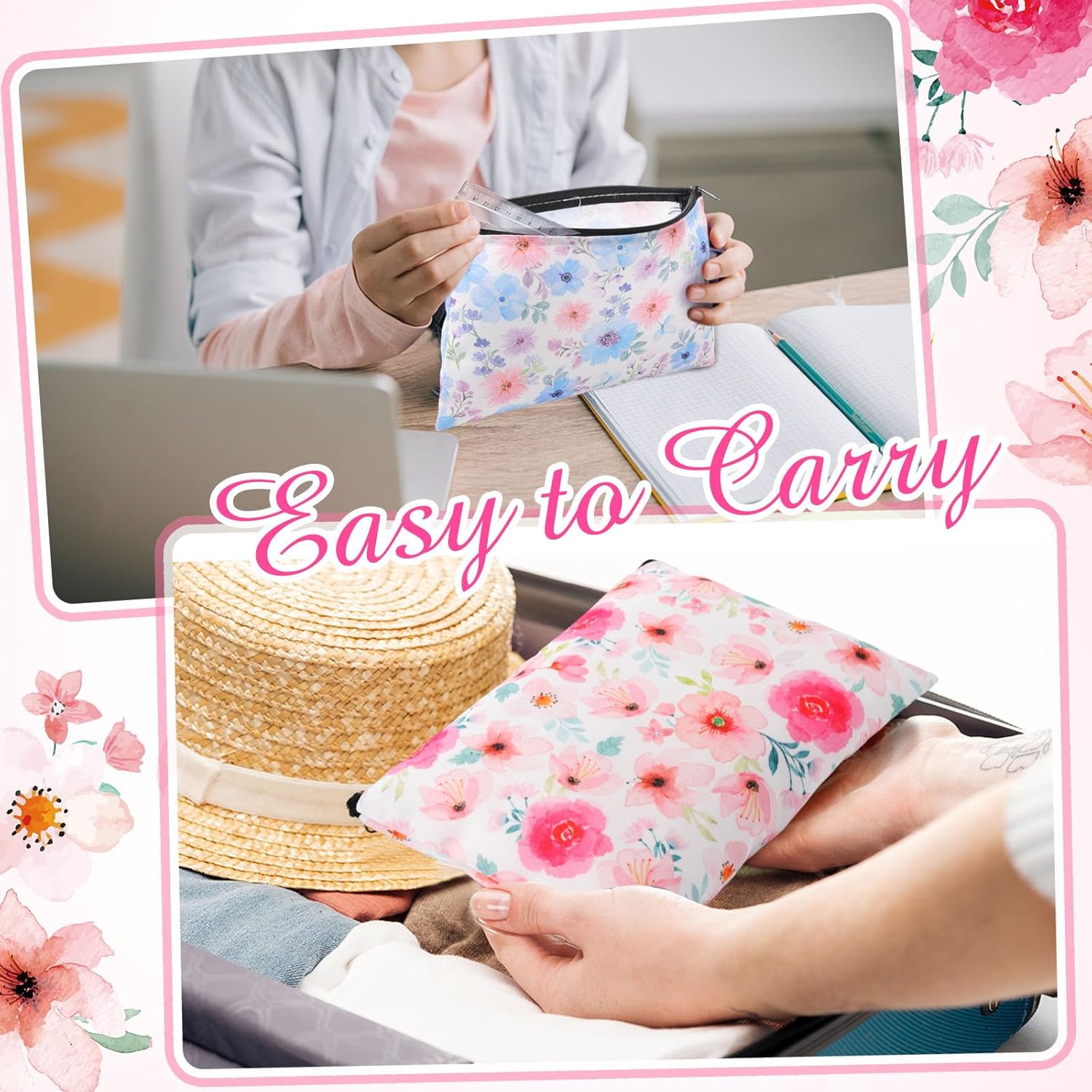 Hillban 36 Pcs Colorful Floral Cosmetic Bags for Women Inspirational Cute Canvas Makeup Bags Bulk Motivational Travel Cosmetic Pouch Beautiful Gifts for Teacher, 12 Styles