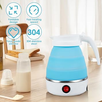 Collapsible Kettle, Foldable Small Electric Kettle, 600ML Silicone Camping Travel Kettles, Portable Mini Kettles with Separable Power Cord for Outdoor Hiking Camping Travel Picnic (blue)
