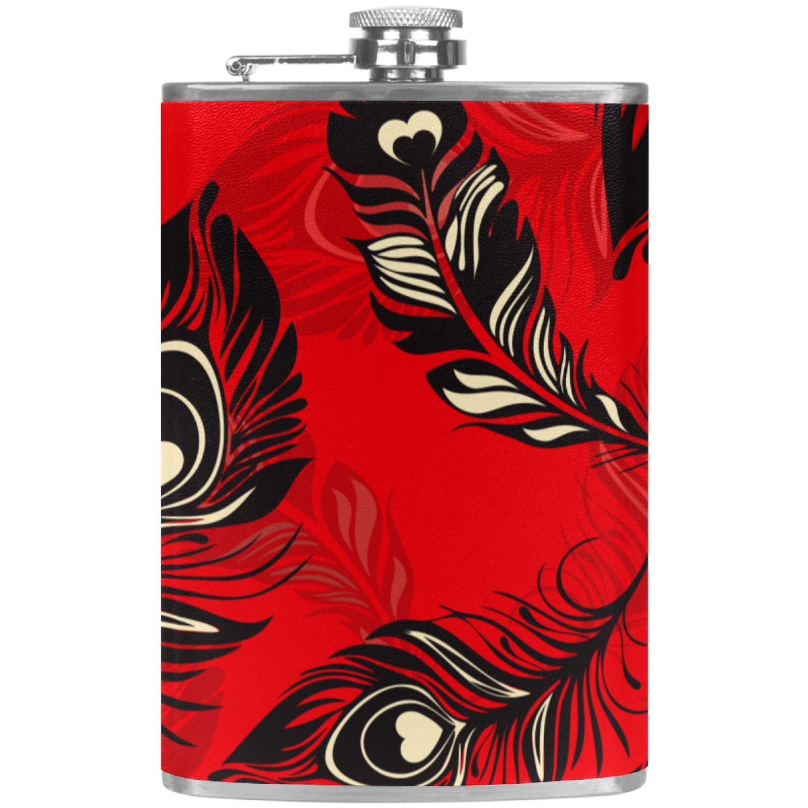 Flasque à whisky de poche en cuir rouge et paon pour camping
