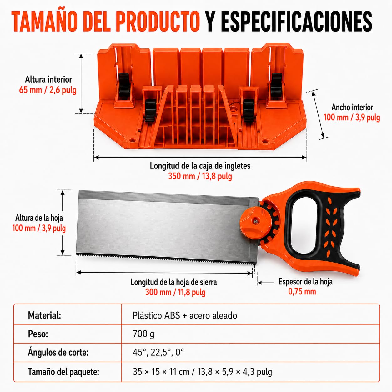 14" Caja de Ingletes con Sierra, Ingletadora Manual Caja, Guia Ingletes Plastico con 0°/22,5°/45° Corte De Múltiples Ángulos, para Carpintería, Bricolaje, Decoración Del Hogar, Marcos de Fotos