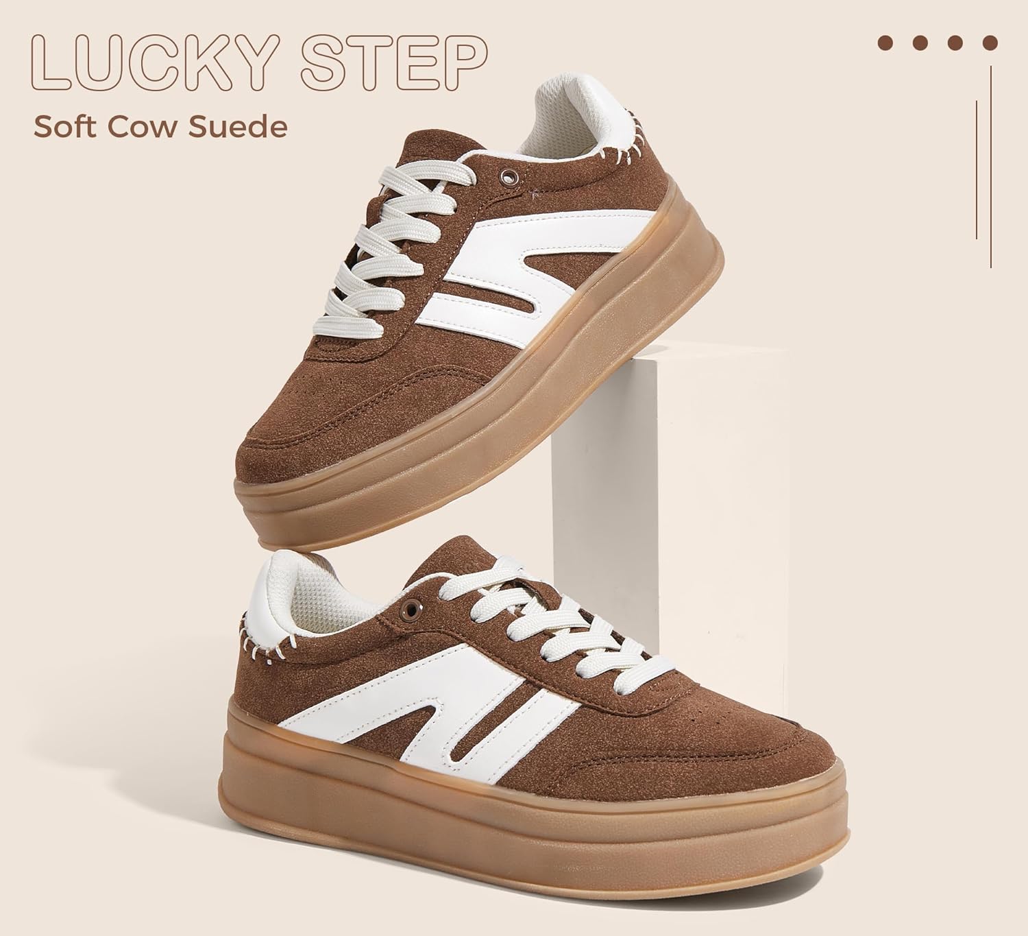 LUCKY STEP Women's Platform Retro Fashion Sneakers Classic Casual Gum Rubber Sole Skate Trainer Tennis Walking Shoes Thick Sole Trendy Footwear - Image 4