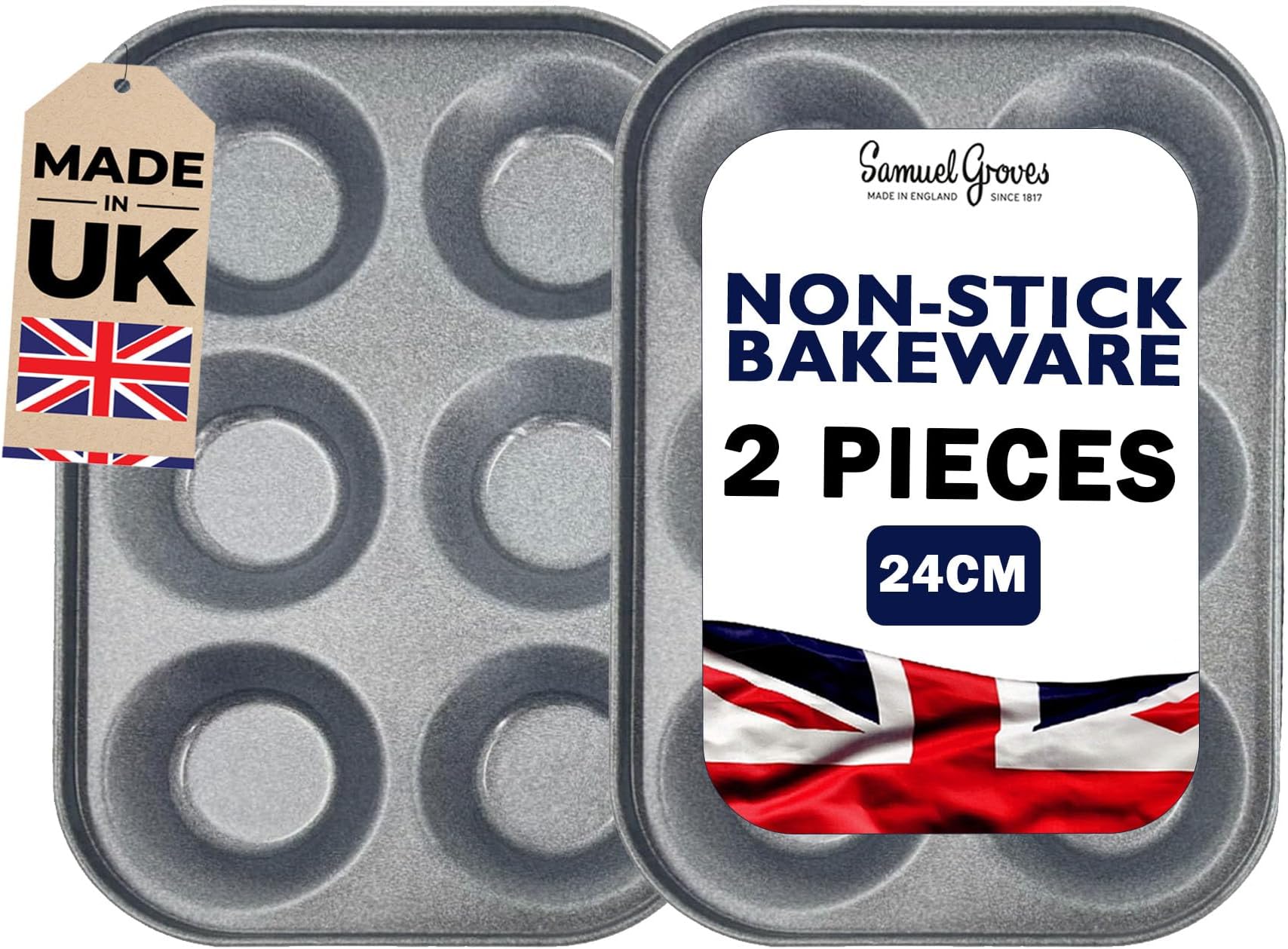 Samuel Groves2 Pack Bun Yorkshire Pudding, Cupcake, Muffin, Mince Pie Tray, Double Coil Coated Non Stick, UK Made - Perfect for Air Fryer, PFOA & BPA Free (6 Hole)
