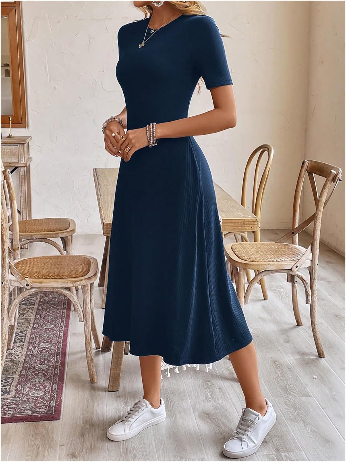 OYOANGLE Women's Short Sleeve Crewneck Midi Dress Ribbed Knit Long Dresses with Pockets - Image 2