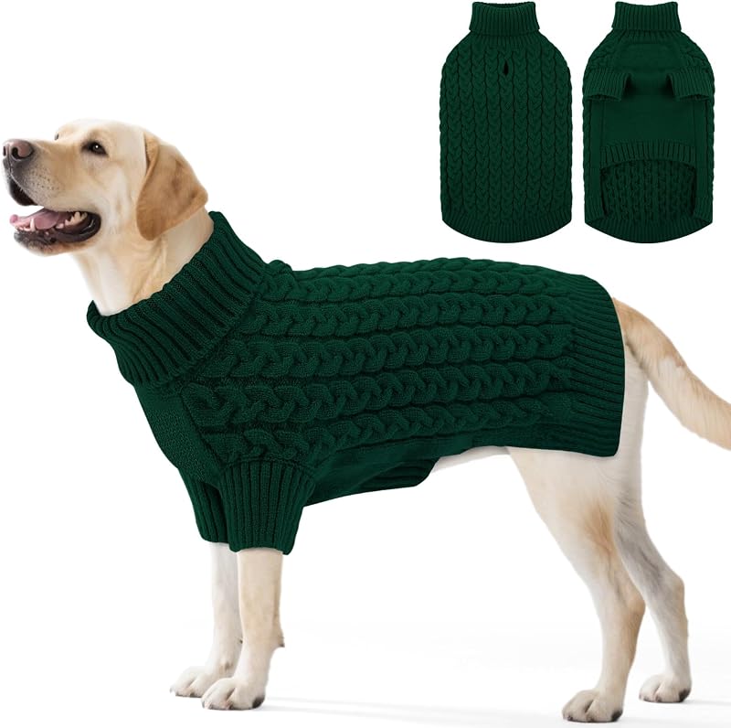 Suéter de Tricô para Cães com Gola Alta e Abertura para Guia ASENKU, Verde, 2XL