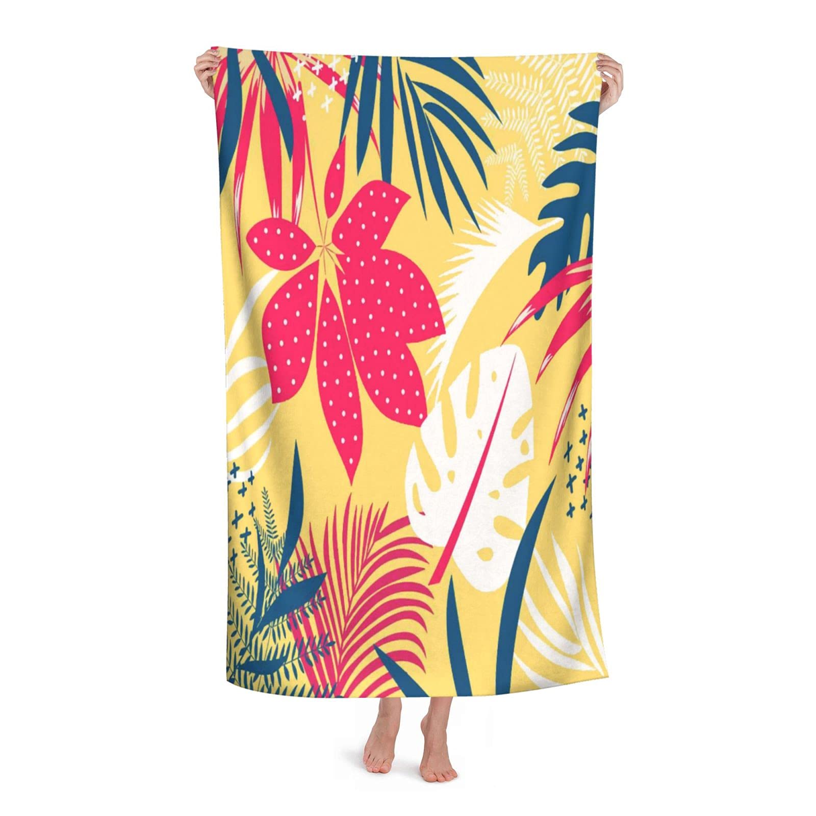 LSRCPD Tropical Leaves Yellow Background Beach Towel Highly Absorbent Microfiber Beach Blanket Soft Bath Towels 80 x 130 cm