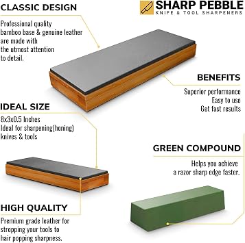Sharp Pebble Knife Sharpening Stones Kit with 1000/6000 and Classic Leather Strop with Angle Guide & Green Compound