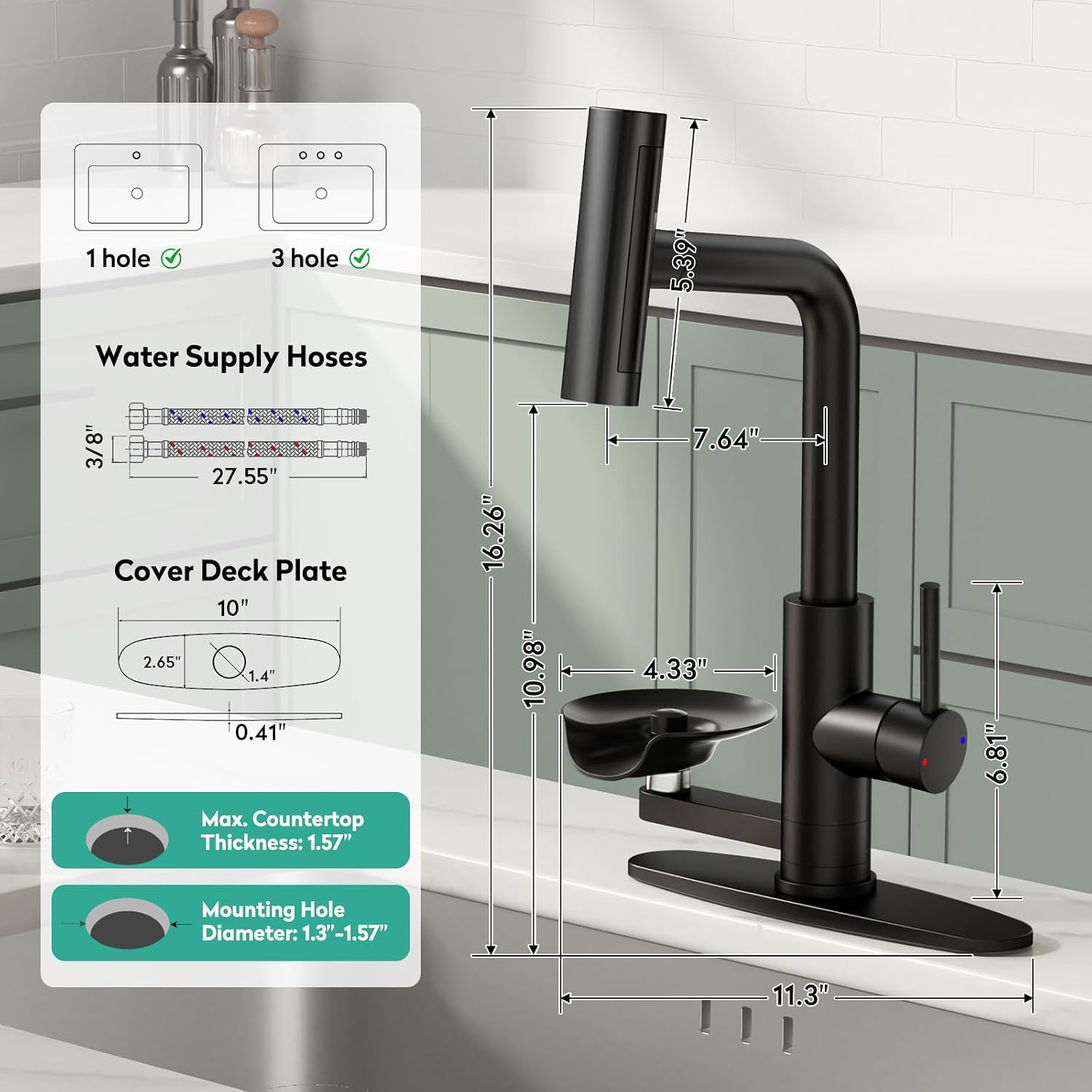 Waterfall Kitchen Faucet with Pull Down Sprayer & Cup Washer, Black | Single Handle Kitchen Faucets with Glass Rinser & Deck Plate, Stainless Steel Bar Sink Faucet with Cup Washer 1 or 3 Hole