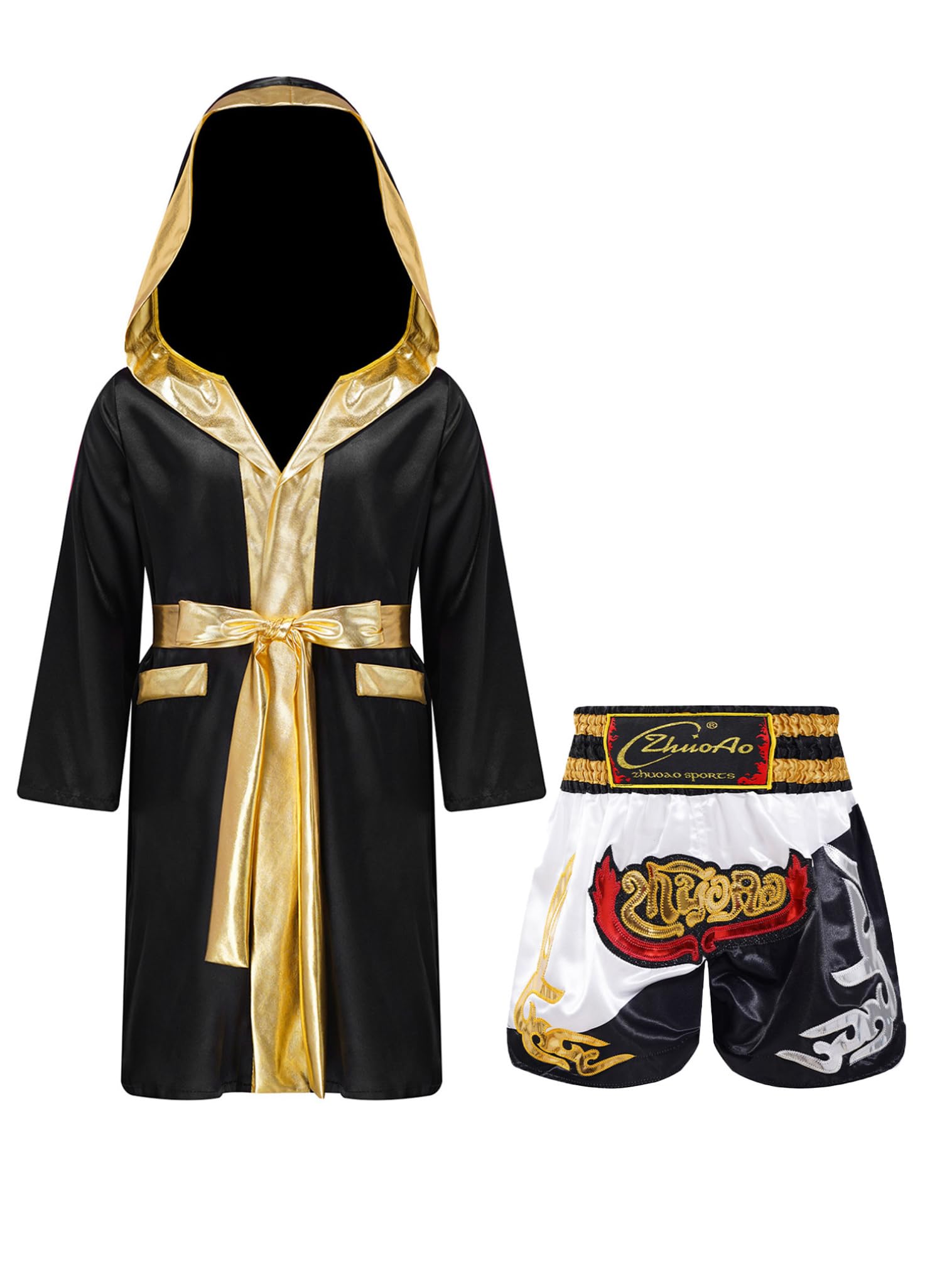 FEESHOW Dziecięce bokserki bokserskie szorty i płaszcz bokserski chłopięce Muay Thai Fight szorty satynowy płaszcz z kapturem strój
