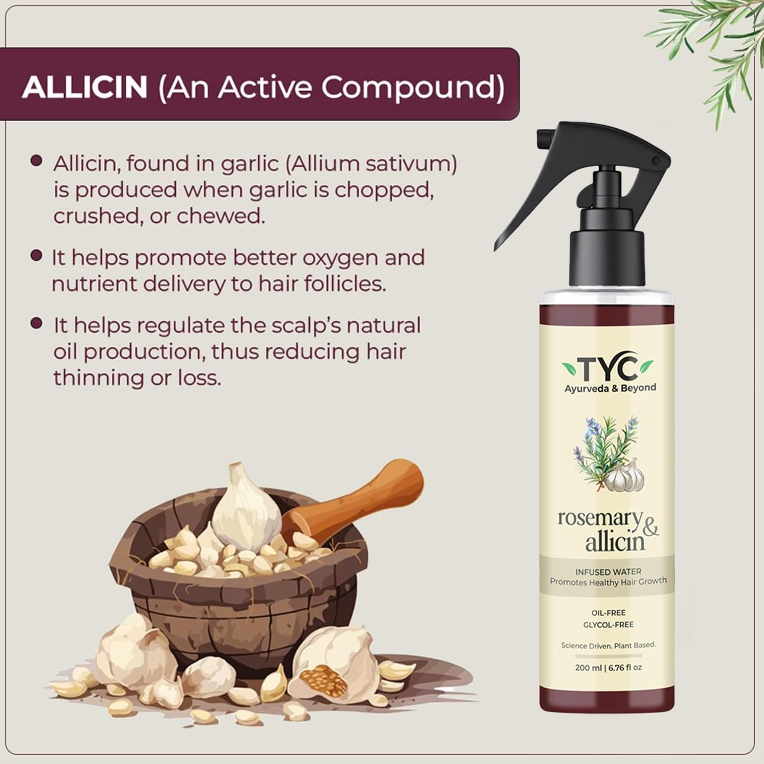 TYC Trust Your Choice Rosemary & Allicin Water Hair Spray for Hair Fall Control, Hair Growth, Scalp Health, Natural Anti-Hair Loss Treatment, 200ml 4