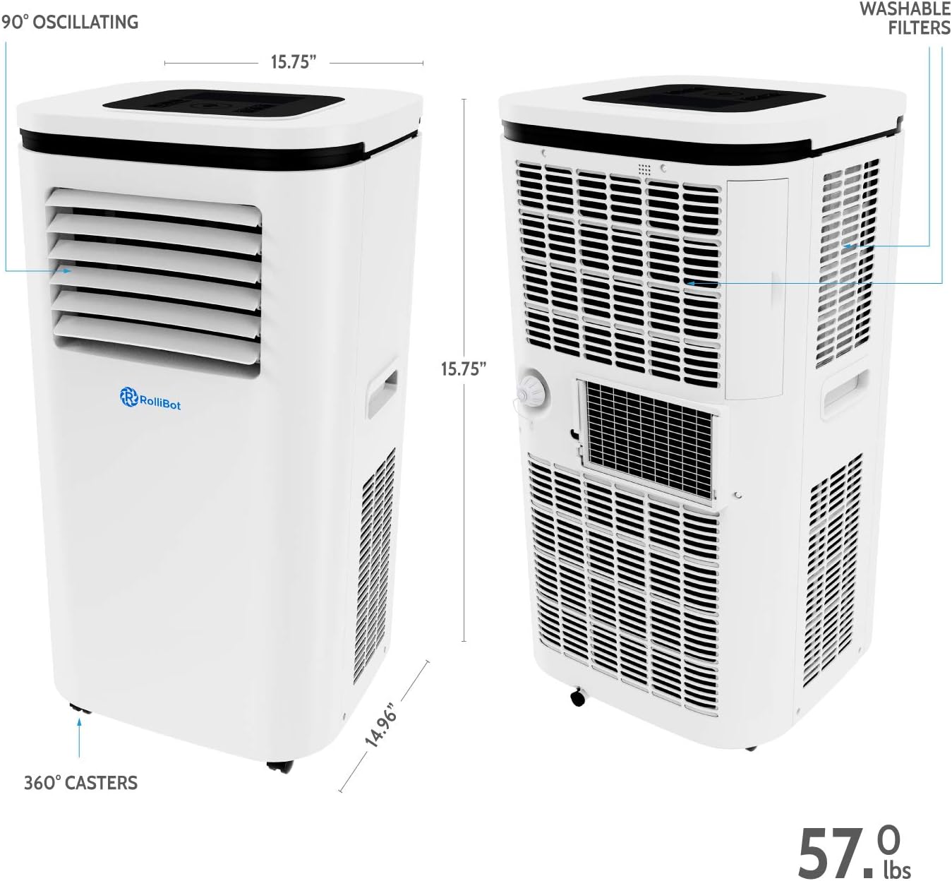 Rollibot ROLLICOOL Portable Air Conditioner w/App & Alexa Voice Control | Wi-Fi Enabled Portable AC & Dehumidifier | Quiet Operation, Easy Installation (12,000 BTU, White)